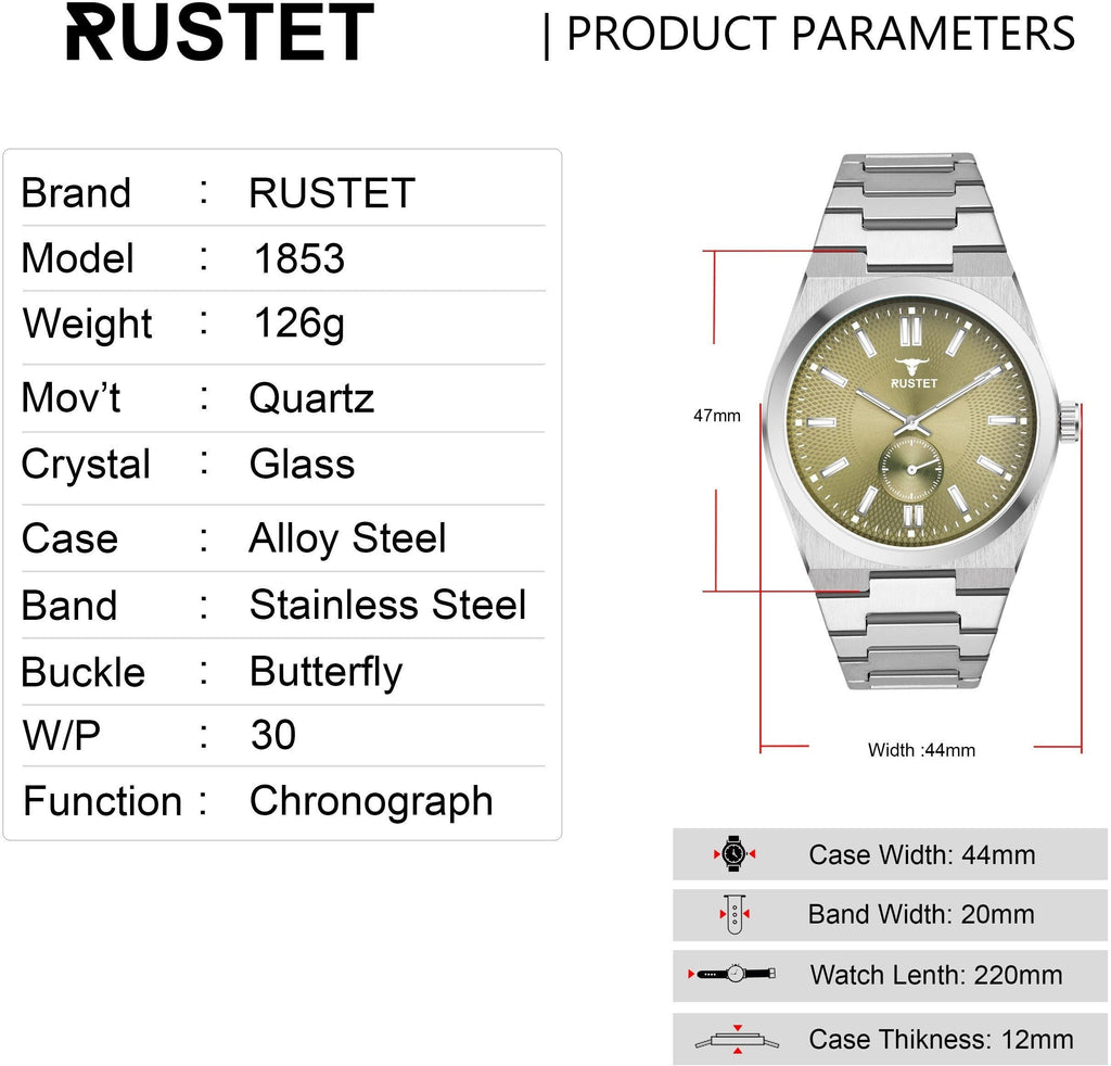RUSTET 1853 Chronograph Quartz Dial Black With Silver Details 3ATM Water Resistant Analog Watch - For Men