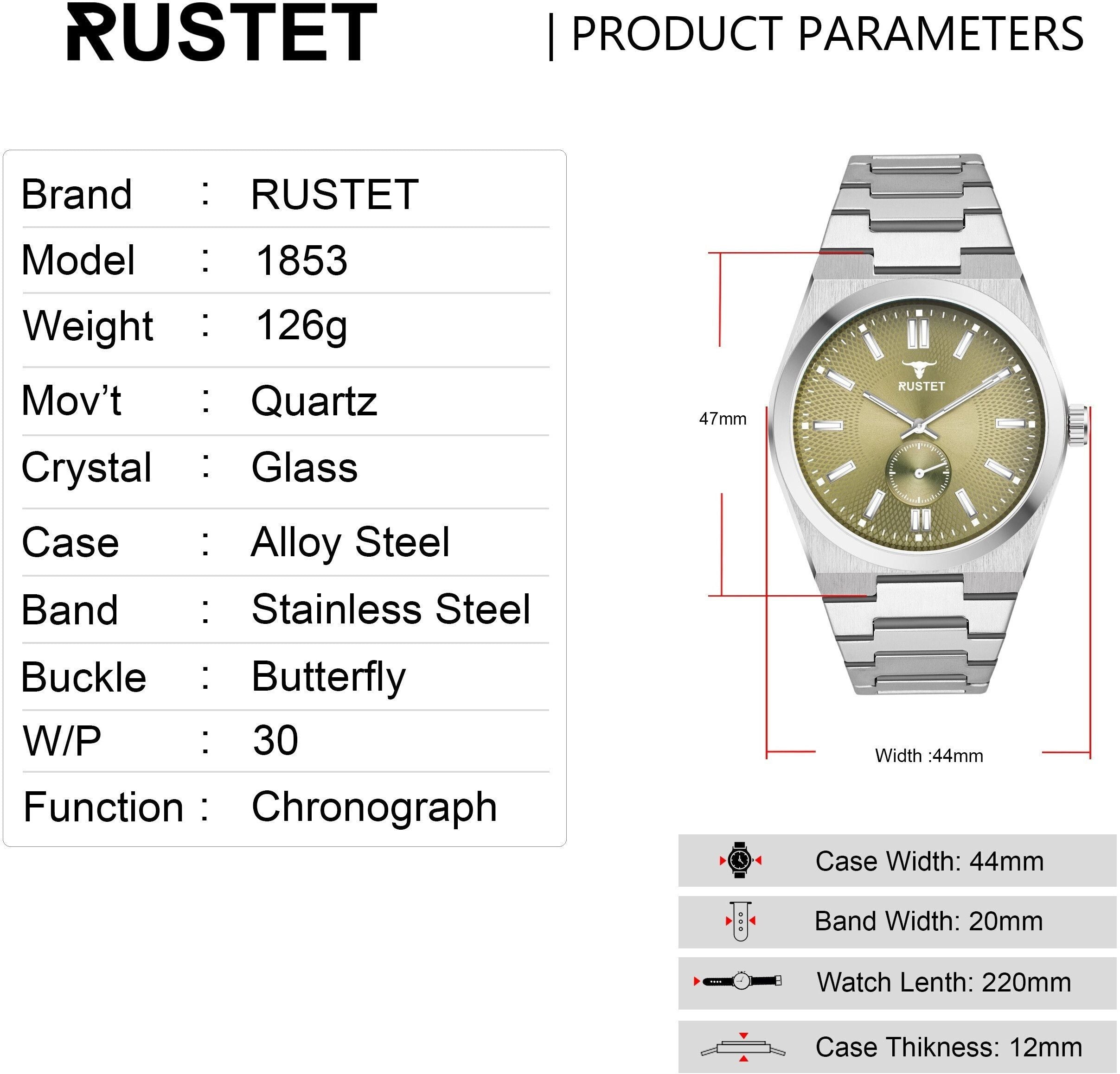 RUSTET 1853 Chronograph Quartz Dial Black With Silver Details 3ATM Water Resistant Analog Watch - For Men