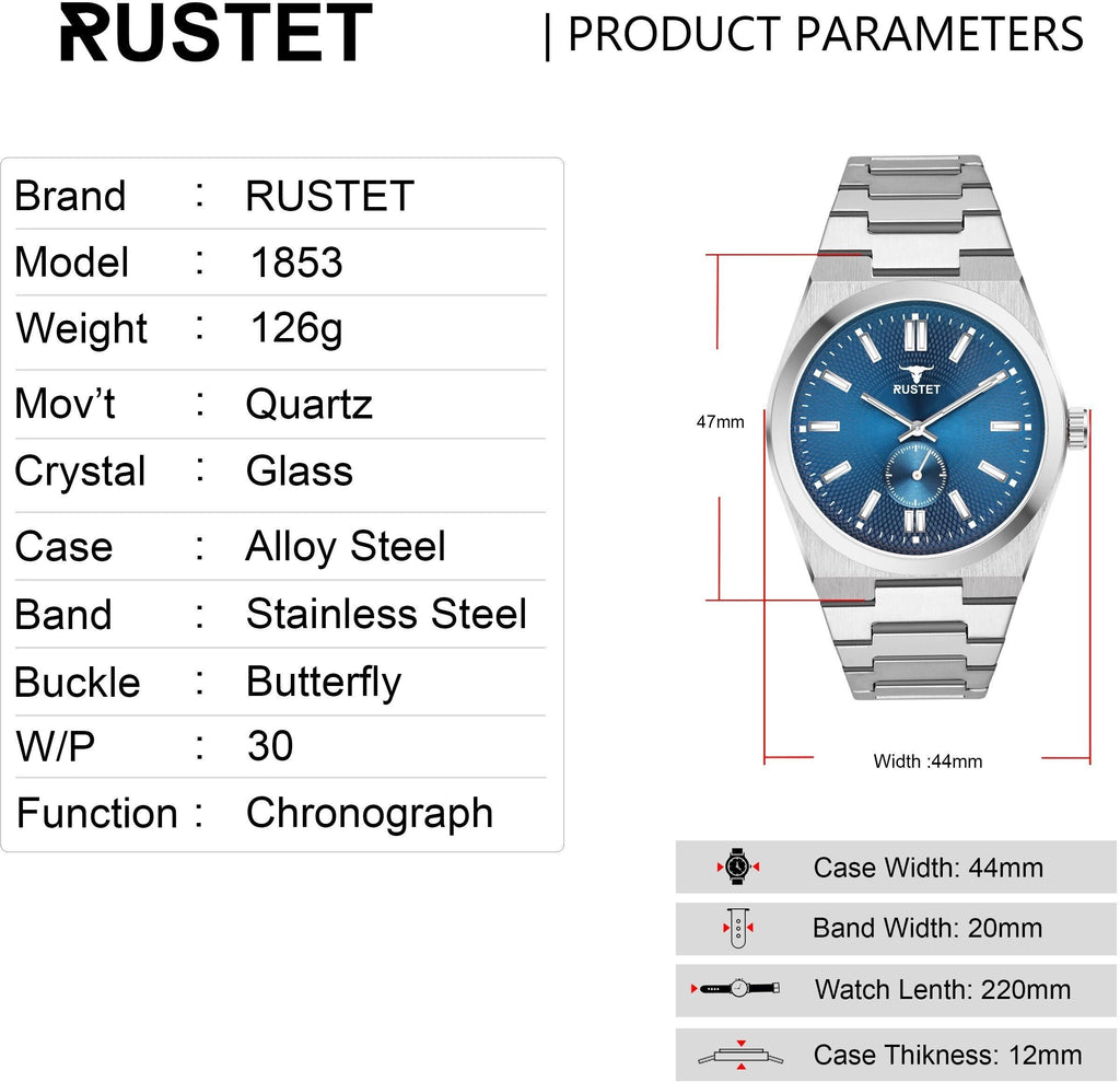 RUSTET 1853 Chronograph Quartz Dial Black With Silver Details 3ATM Water Resistant Analog Watch - For Men