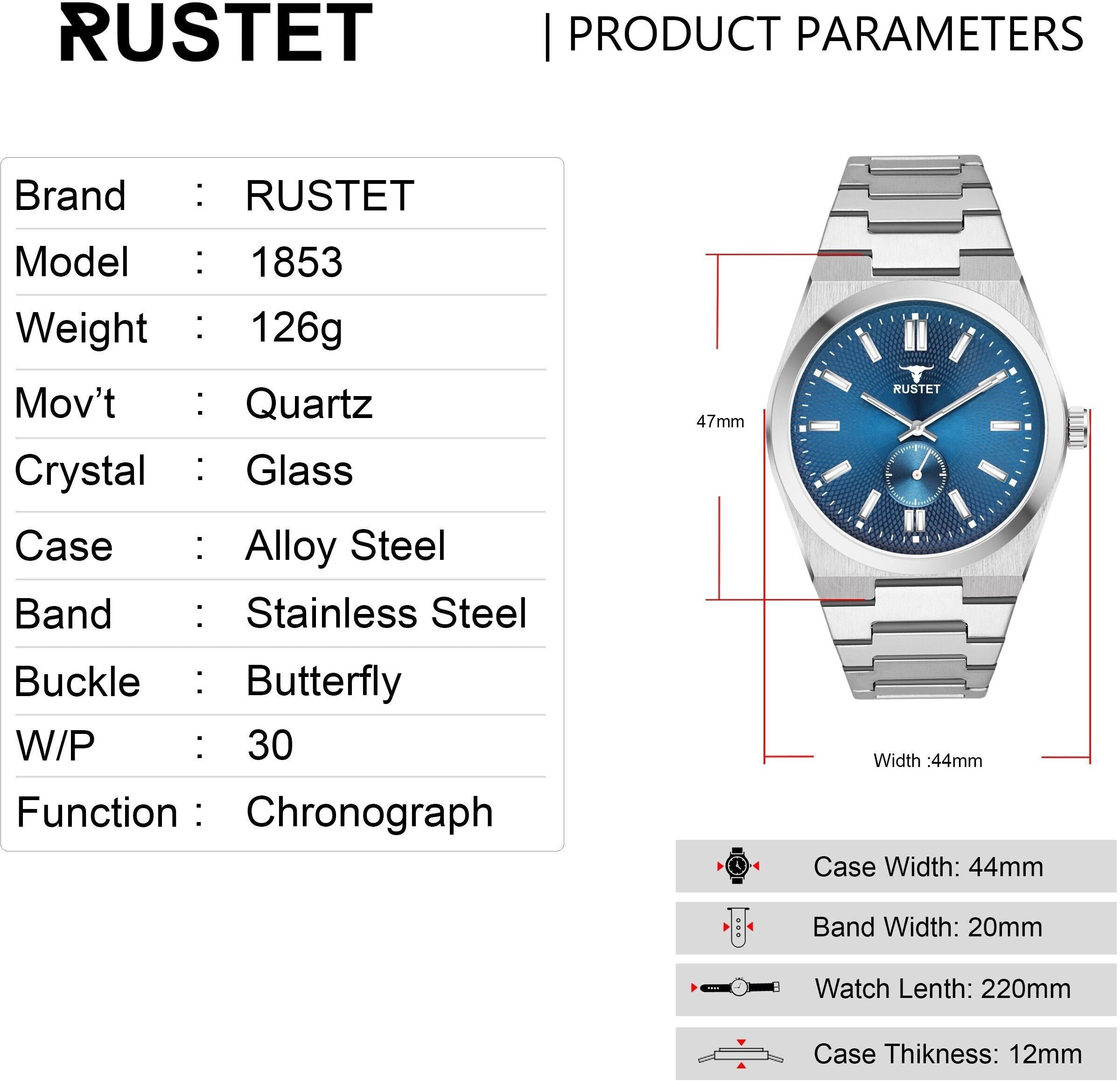 RUSTET 1853 Chronograph Quartz Dial Black With Silver Details 3ATM Water Resistant Analog Watch - For Men