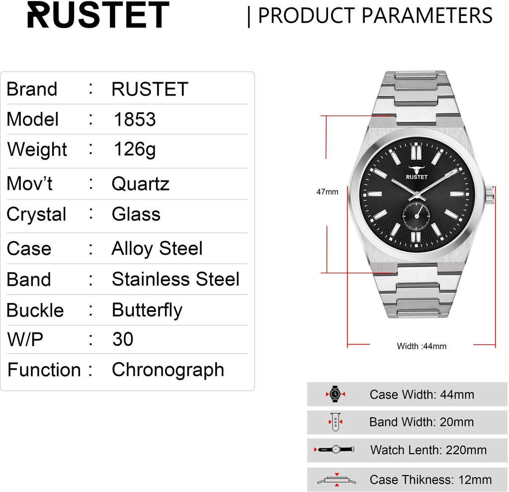 RUSTET 1853 Chronograph Quartz Dial Black With Silver Details 3ATM Water Resistant Analog Watch - For Men