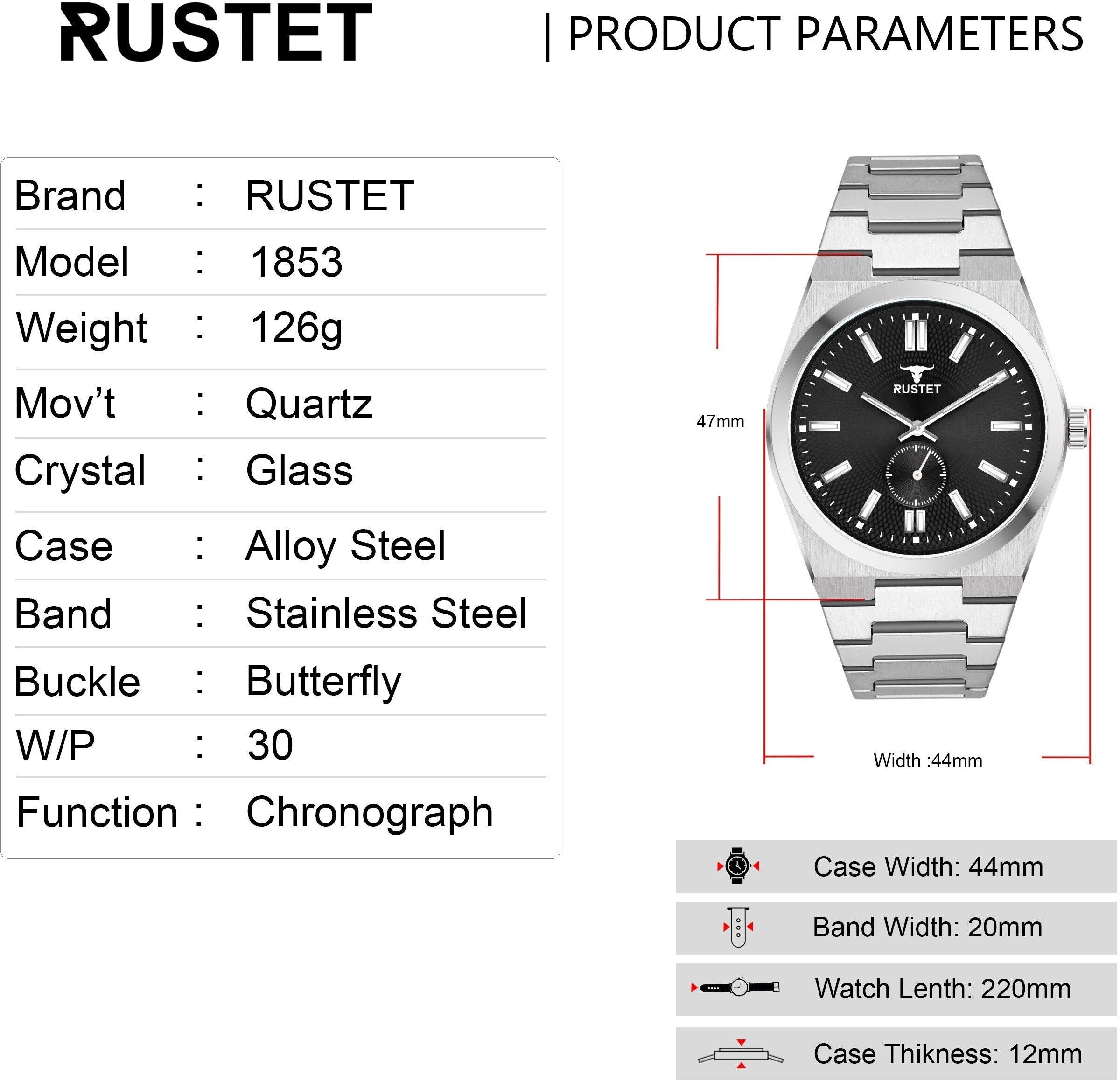 RUSTET 1853 Chronograph Quartz Dial Black With Silver Details 3ATM Water Resistant Analog Watch - For Men