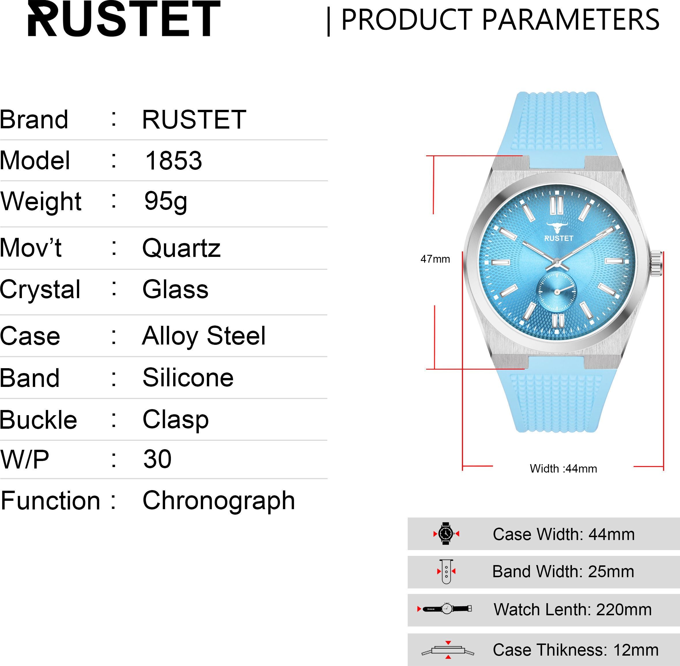 RUSTET 1853 Chronograph Quartz Dial Blue With Silver Details 3ATM Water Resistant Analog Watch - For Men