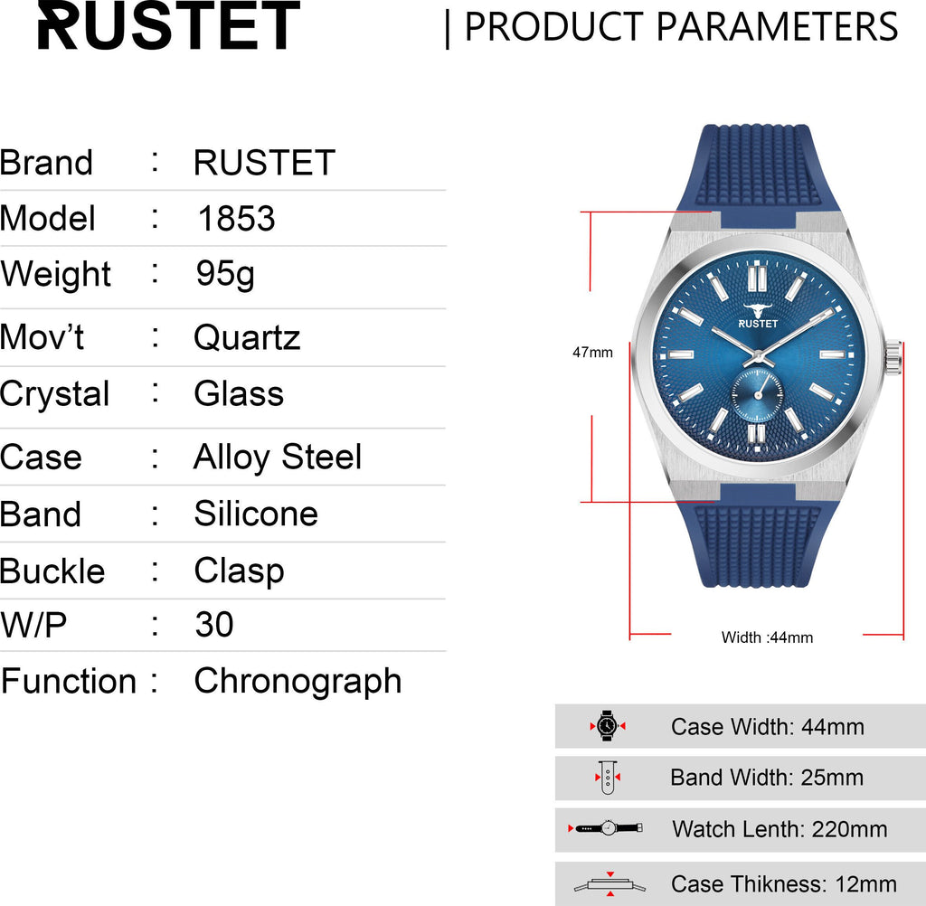 RUSTET 1853 Chronograph Quartz Dial Blue With Silver Details 3ATM Water Resistant Analog Watch - For Men