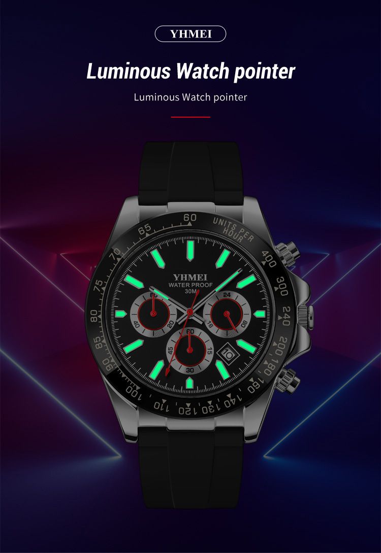 YHMEI Quartz Chronograph Date 3ATM Waterproof Business Sport Silicone Strap Analog Watch - For Men