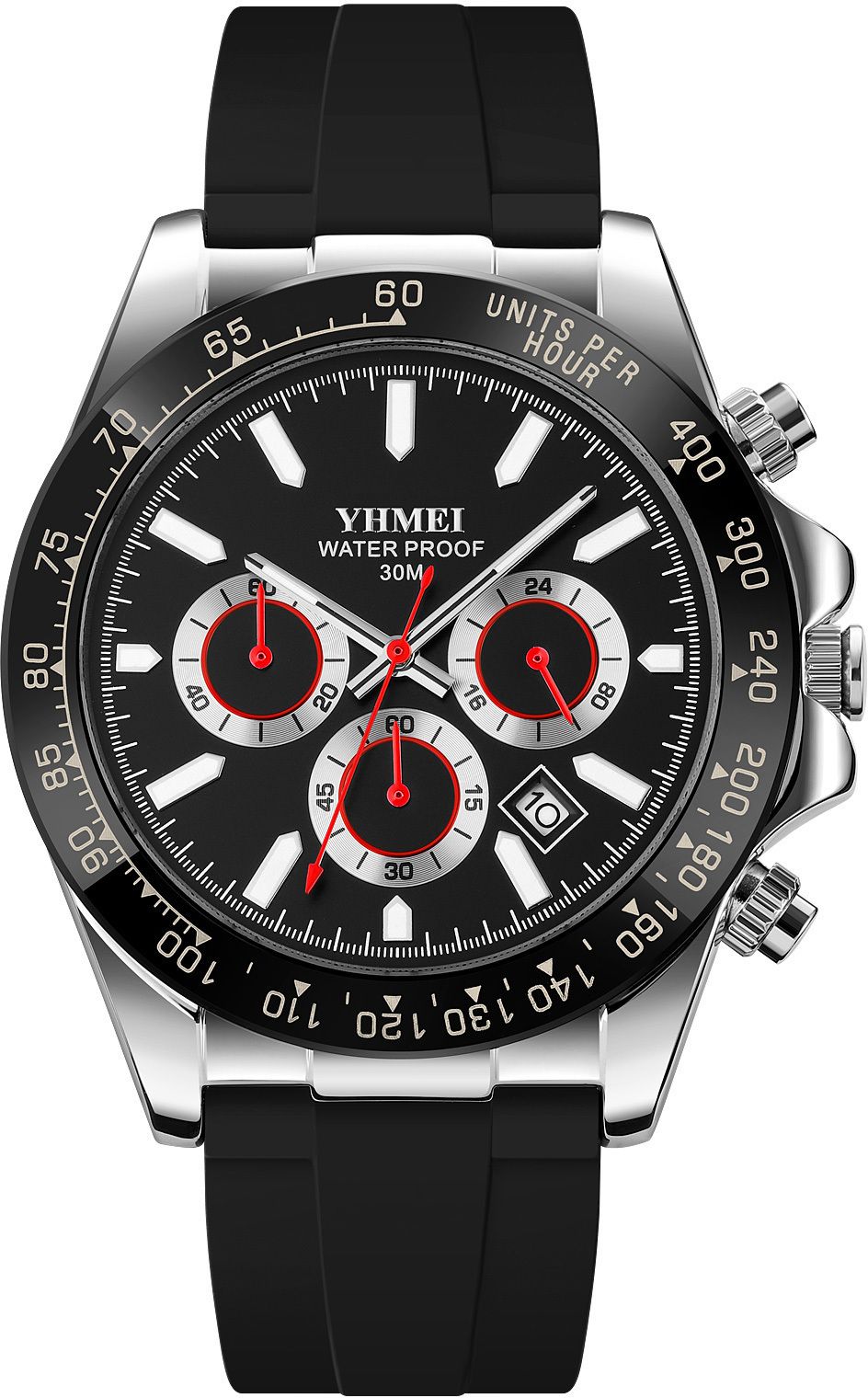 YHMEI Quartz Chronograph Date 3ATM Waterproof Business Sport Silicone Strap Analog Watch - For Men