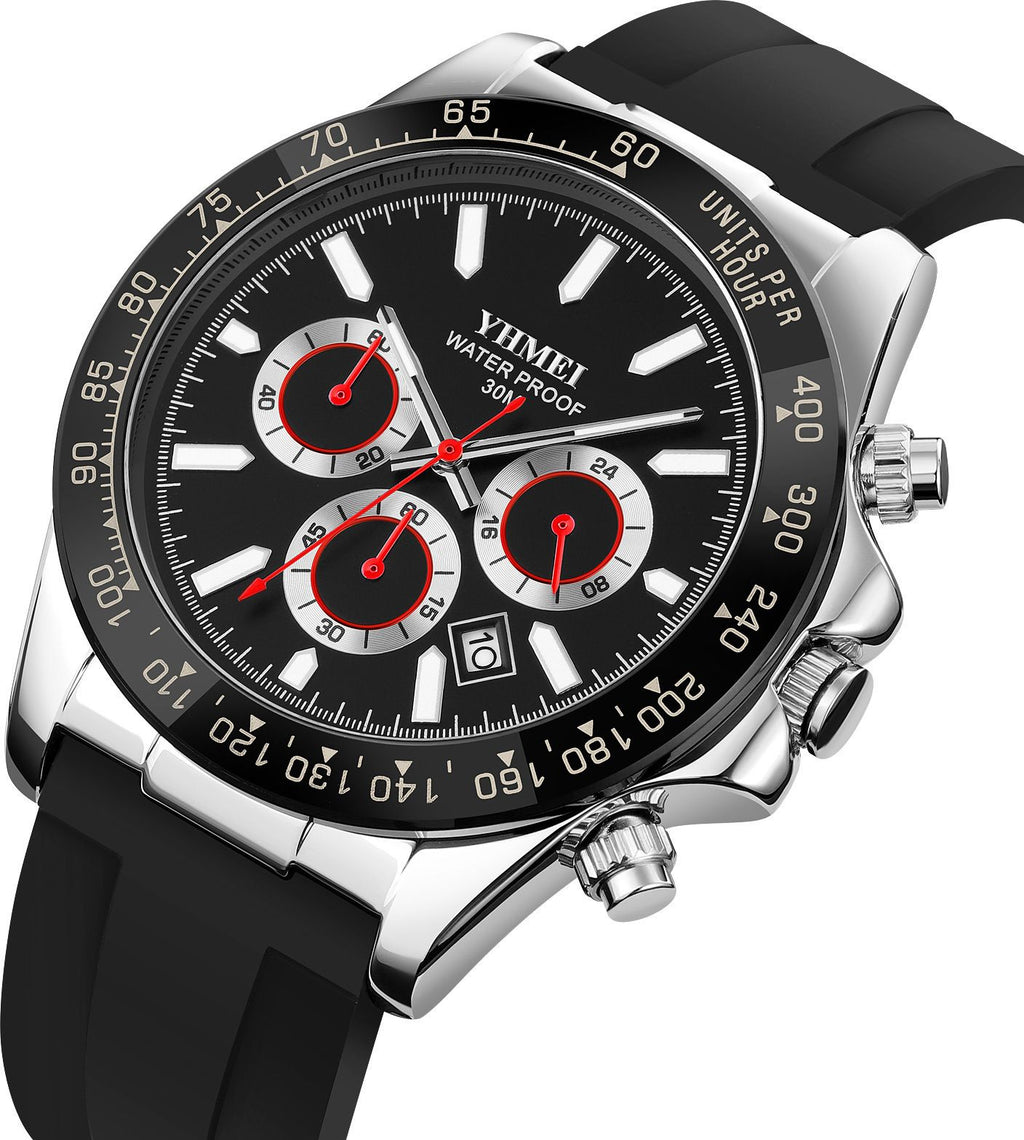 YHMEI Quartz Chronograph Date 3ATM Waterproof Business Sport Silicone Strap Analog Watch - For Men