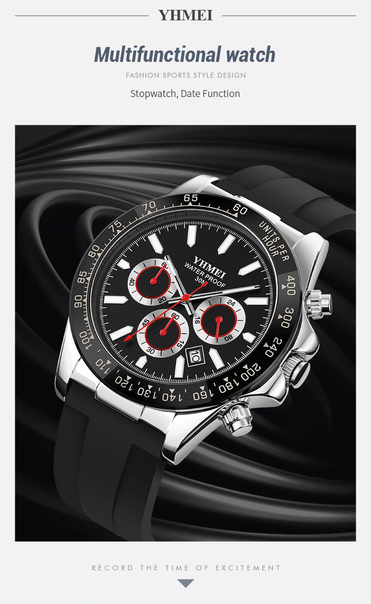 YHMEI Quartz Chronograph Date 3ATM Waterproof Business Sport Silicone Strap Analog Watch - For Men