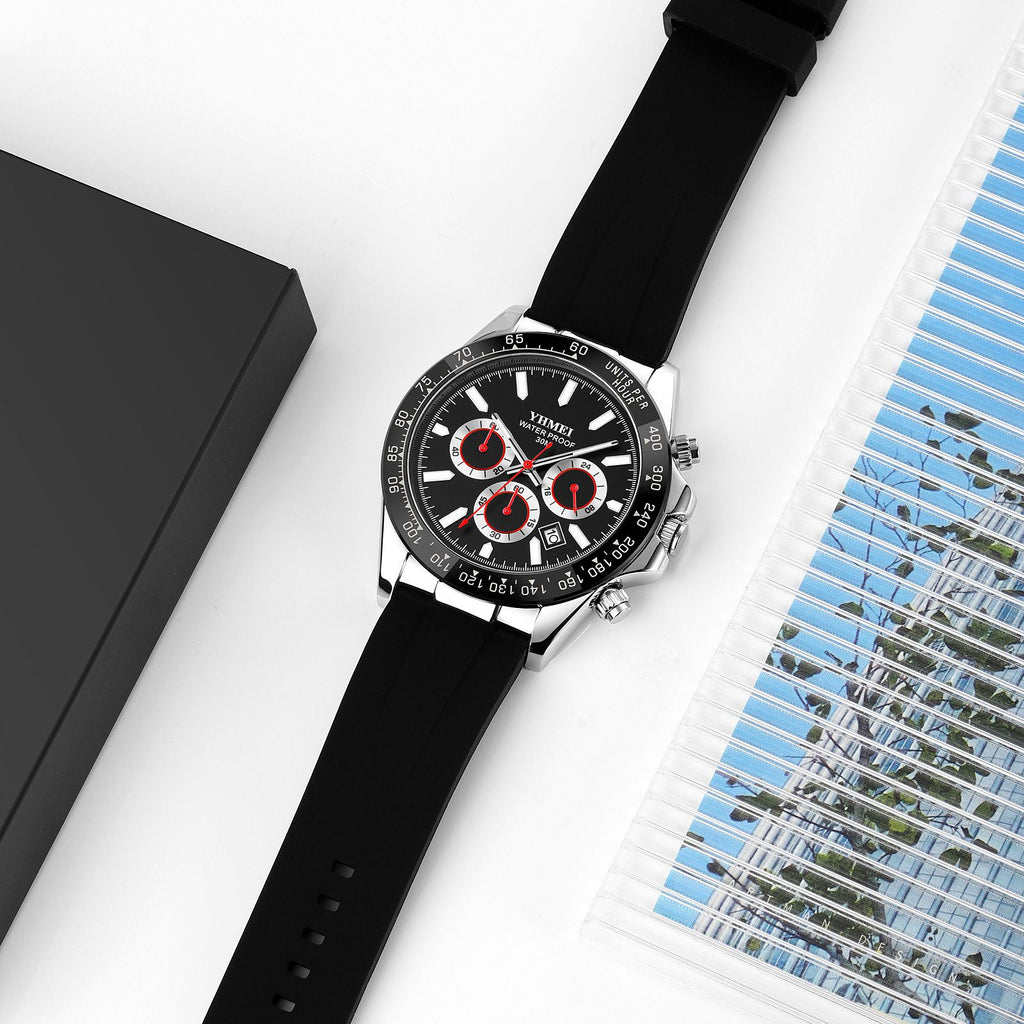 YHMEI Quartz Chronograph Date 3ATM Waterproof Business Sport Silicone Strap Analog Watch - For Men