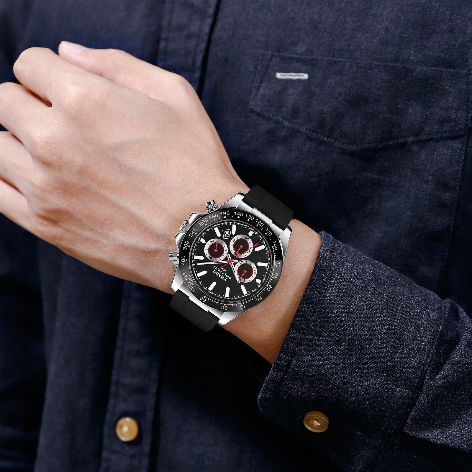 YHMEI Quartz Chronograph Date 3ATM Waterproof Business Sport Silicone Strap Analog Watch - For Men