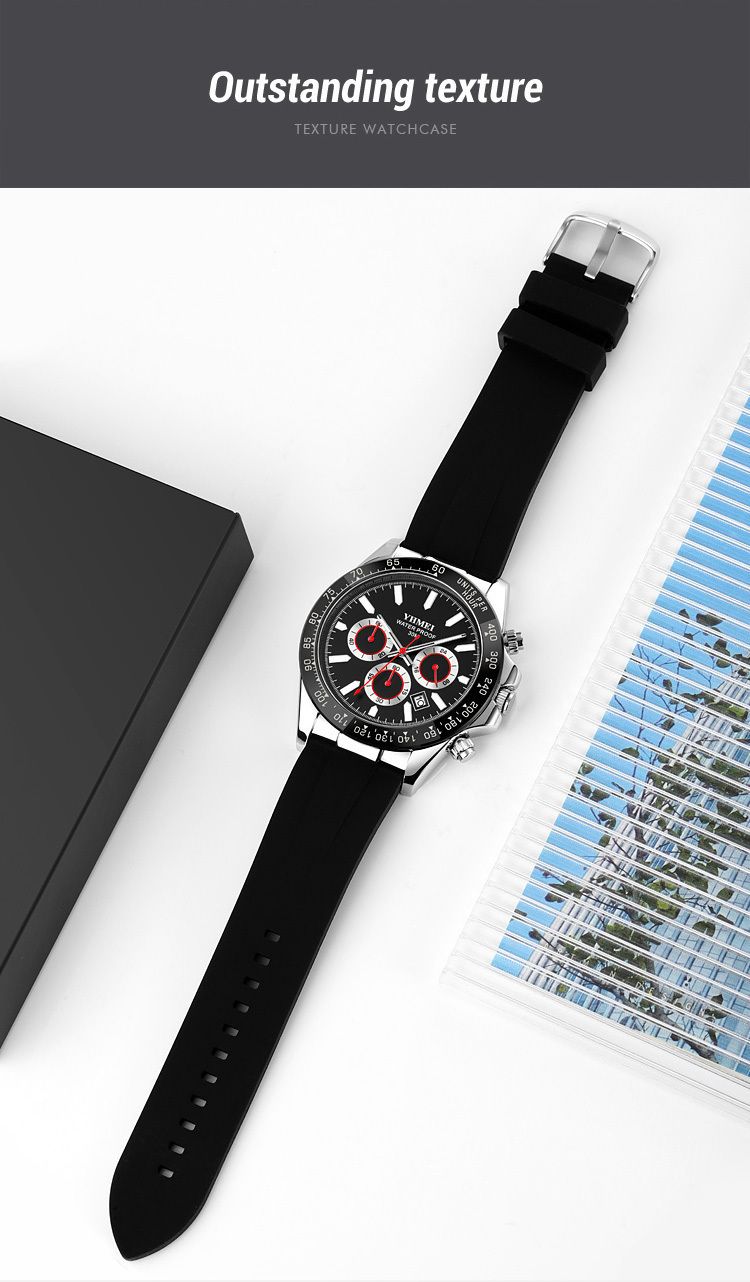 YHMEI Quartz Chronograph Date 3ATM Waterproof Business Sport Silicone Strap Analog Watch - For Men