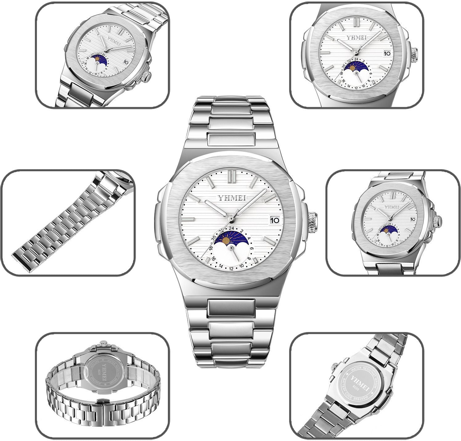 YHMEI Quartz Chronograph Date 3ATM Waterproof Sport Stainless Steel Strap Analog Watch - For Men