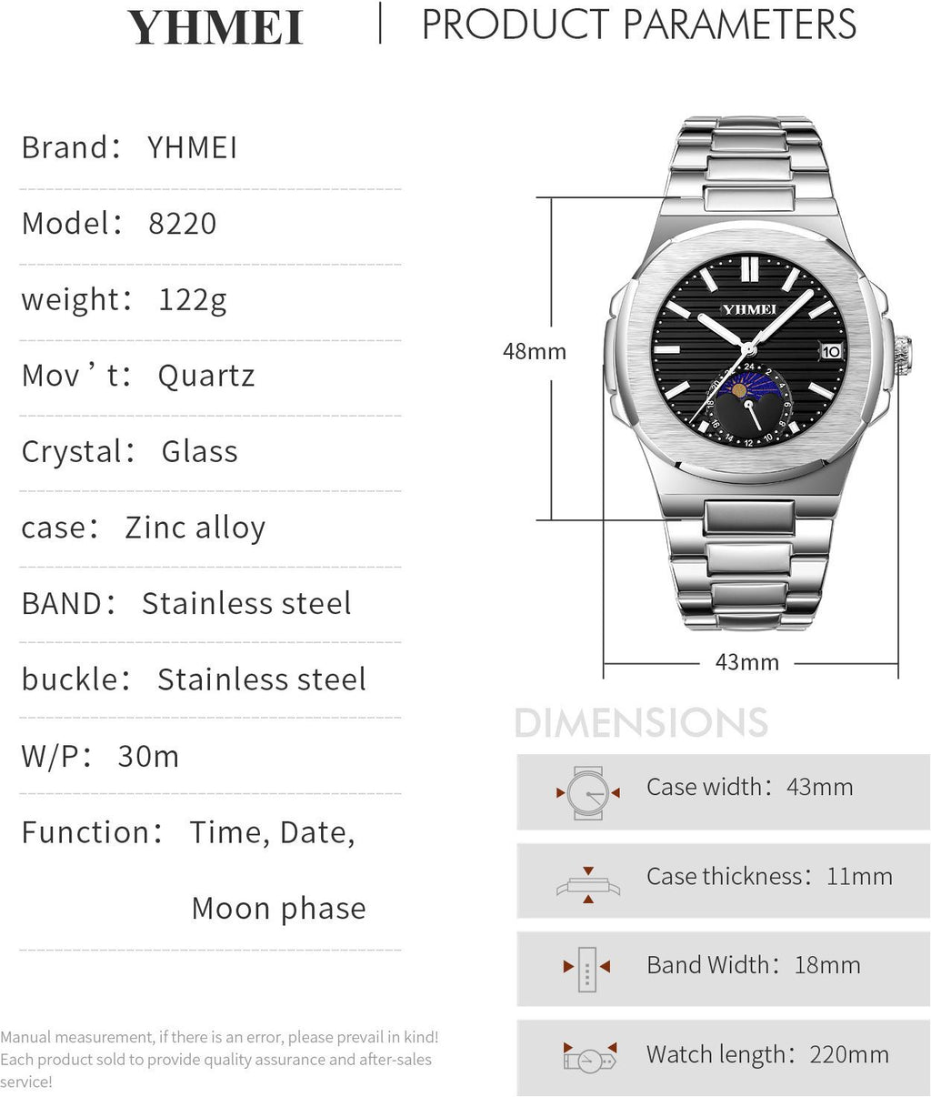 YHMEI Quartz Chronograph Date 3ATM Waterproof Sport Stainless Steel Strap Analog Watch - For Men