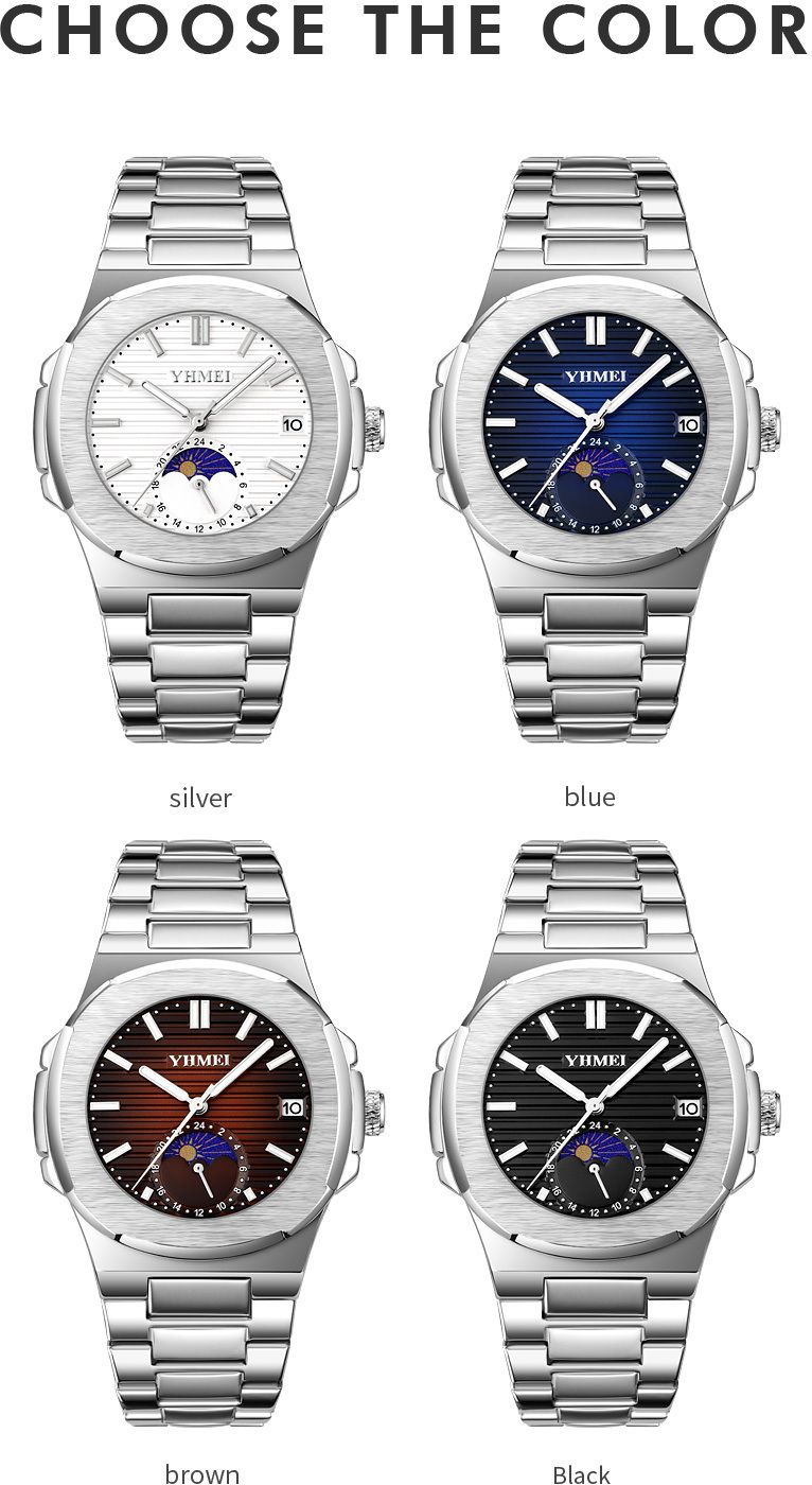 YHMEI Quartz Chronograph Date 3ATM Waterproof Sport Stainless Steel Strap Analog Watch - For Men