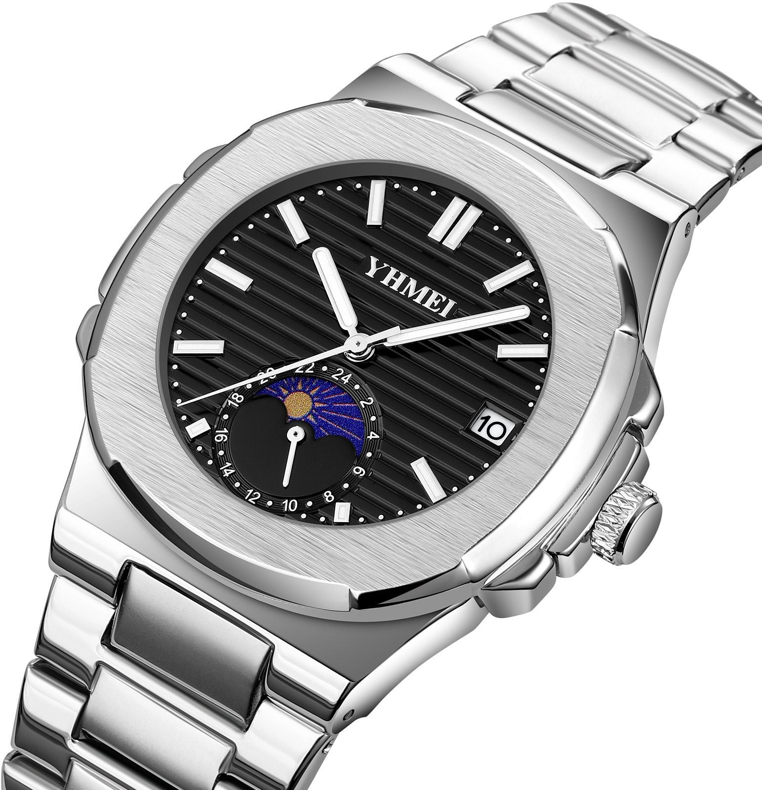 YHMEI Quartz Chronograph Date 3ATM Waterproof Sport Stainless Steel Strap Analog Watch - For Men
