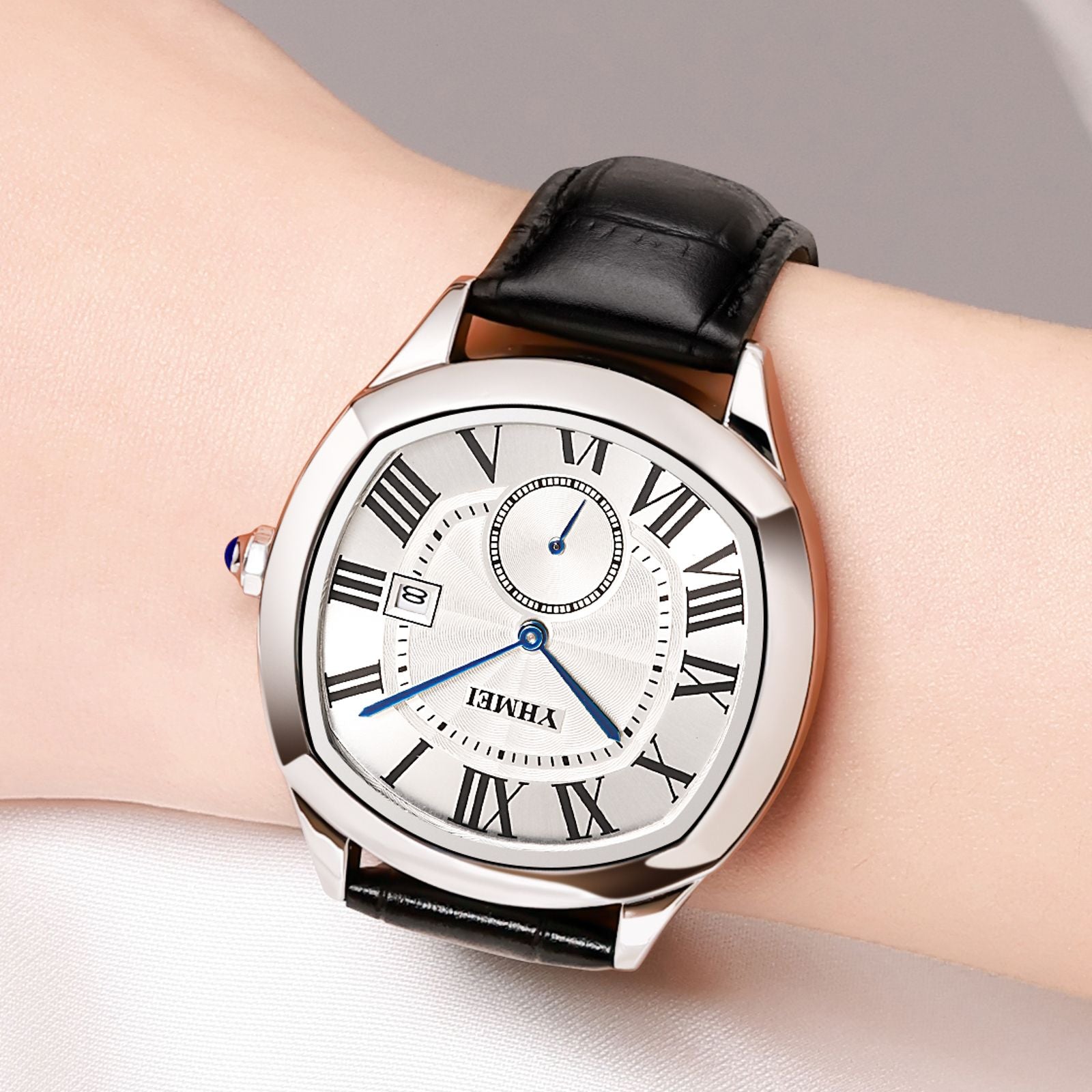 YHMEI Round Chronograph Date 3ATM Waterproof Business Sports Leather Strap Analog Watch - For Women