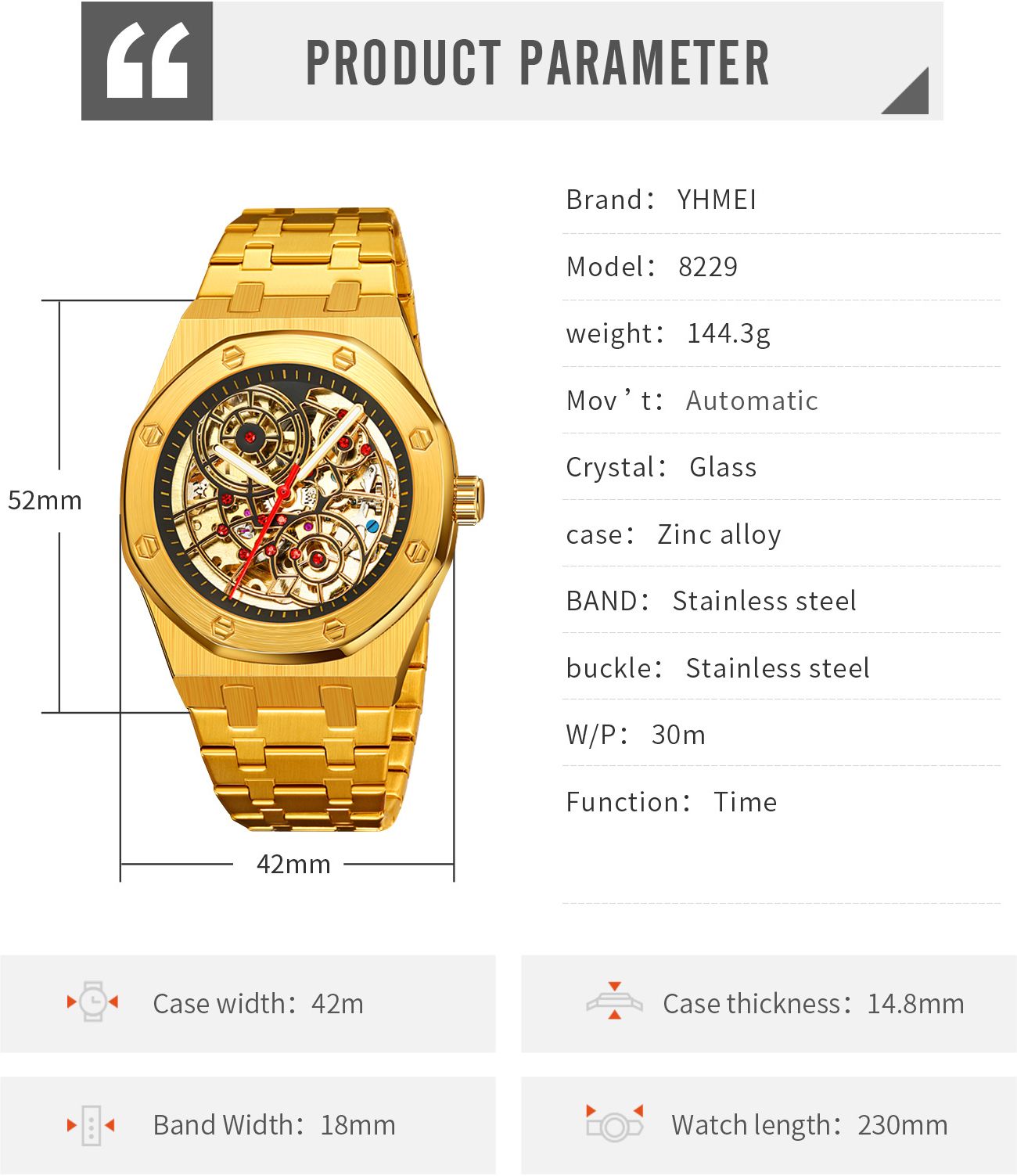 YHMEI Automatic 3ATM Waterproof Buisness Sport Stainless Steel Strap Analog Watch - For Men