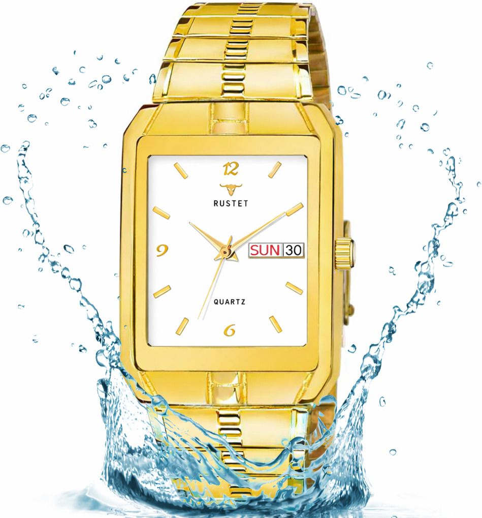 RUSTET IGP-BLK Waterproof Gold Square Dial Day and Date Boy's & Men's Analog Watch - For Men
