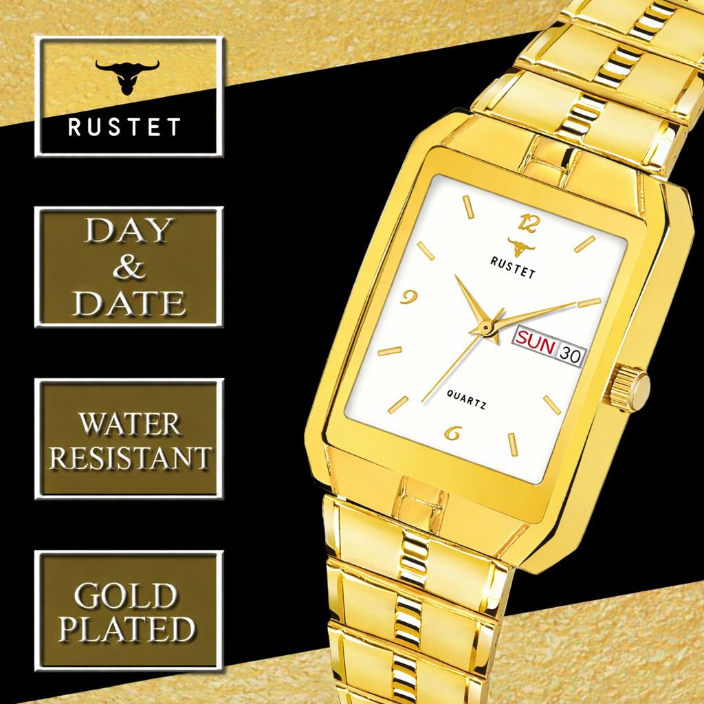 RUSTET IGP-BLK Waterproof Gold Square Dial Day and Date Boy's & Men's Analog Watch - For Men