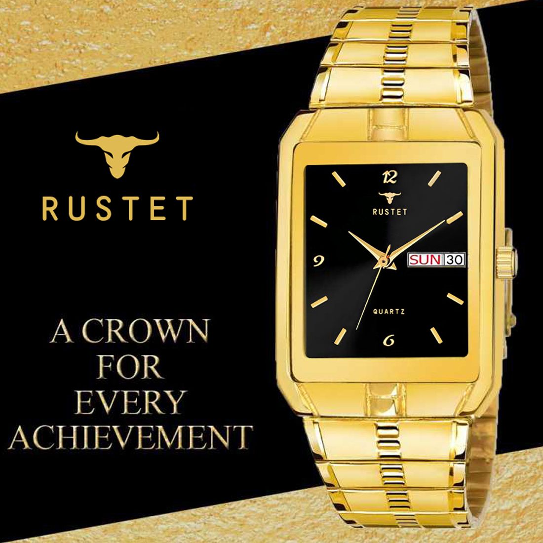 RUSTET IGP-BLKK Waterproof Gold Square Dial Day and Date Boy's & Men's Analog Watch - For Men