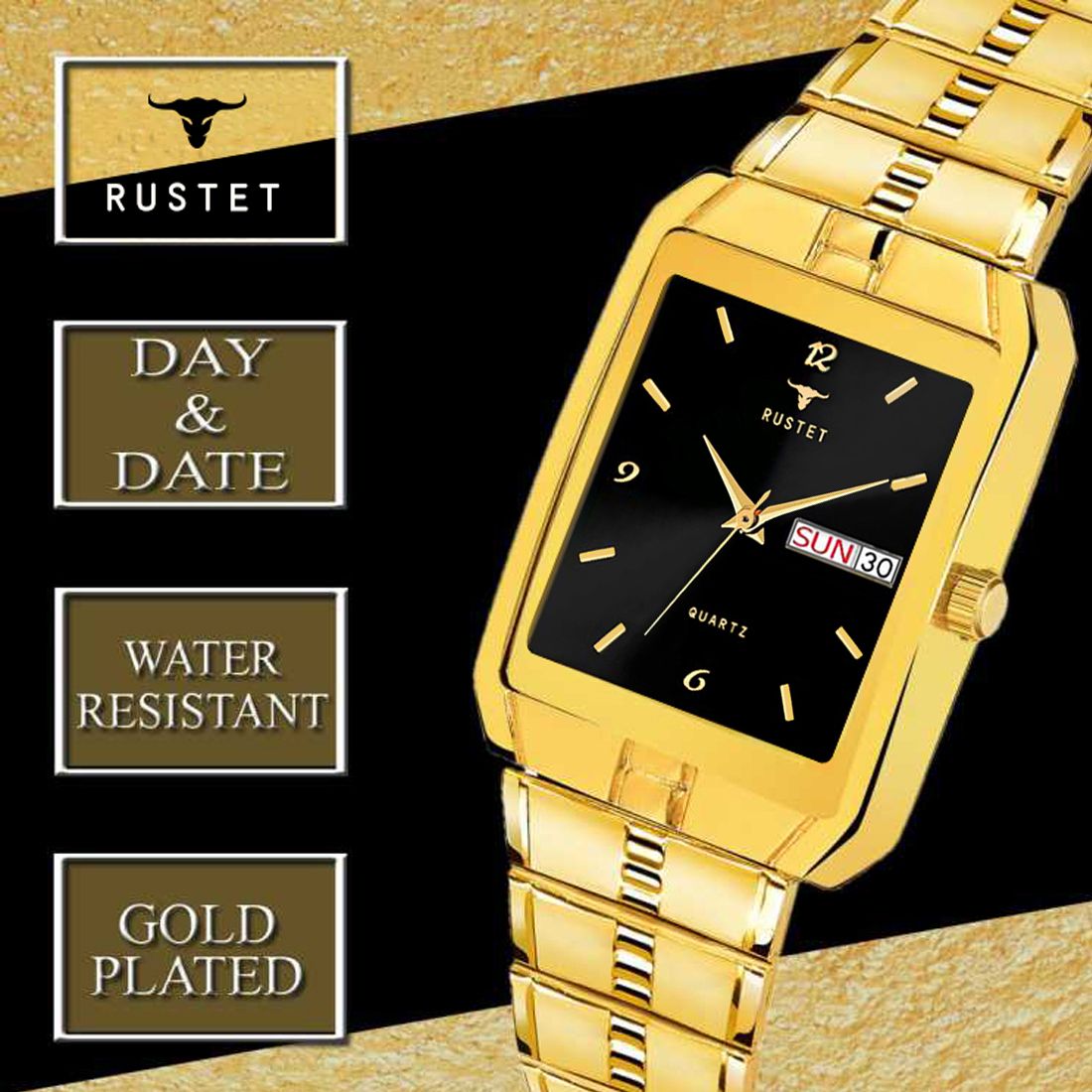 RUSTET IGP-BLKK Waterproof Gold Square Dial Day and Date Boy's & Men's Analog Watch - For Men