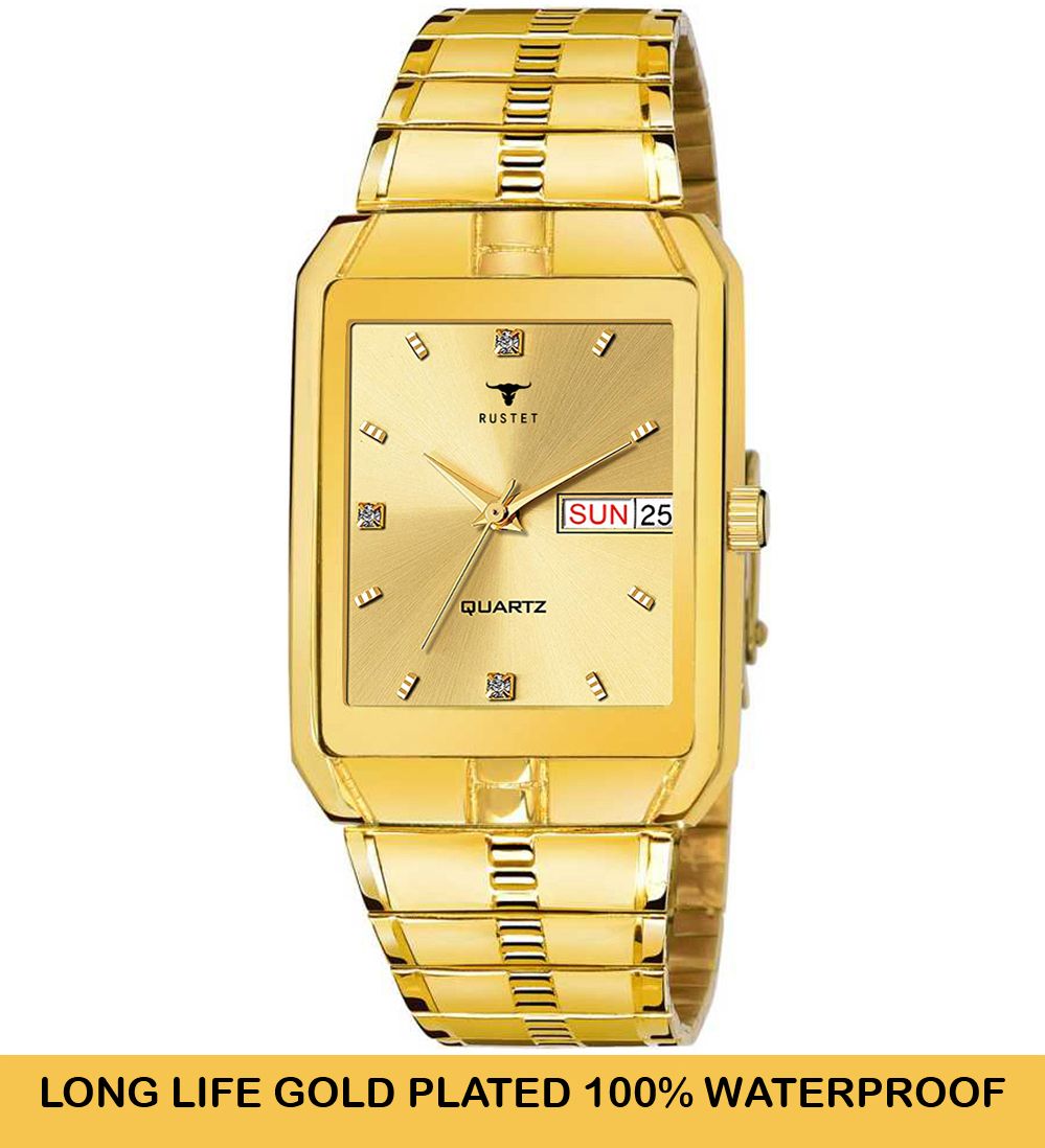 RUSTET IGP-DIAMOND-GOLD Waterproof Gold Square Dial Day and Date Boy's & Men's Analog Watch - For Men