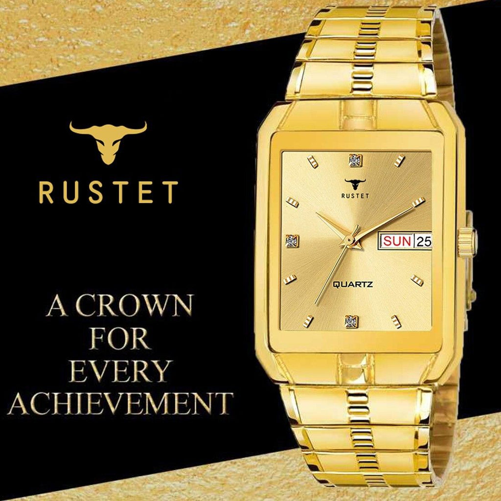 RUSTET IGP-DIAMOND-GOLD Waterproof Gold Square Dial Day and Date Boy's & Men's Analog Watch - For Men