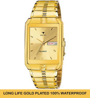 RUSTET IGP-GOLD Waterproof Gold Square Dial Day and Date Boy's & Men's Analog Watch - For Men