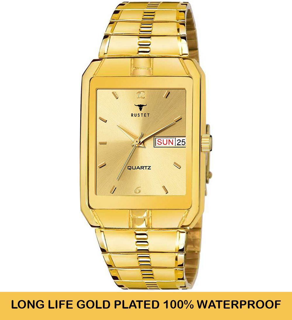 RUSTET IGP-GOLD Waterproof Gold Square Dial Day and Date Boy's & Men's Analog Watch - For Men