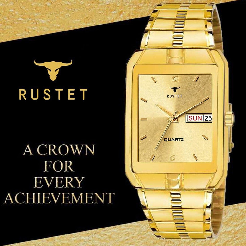 RUSTET IGP-GOLD Waterproof Gold Square Dial Day and Date Boy's & Men's Analog Watch - For Men