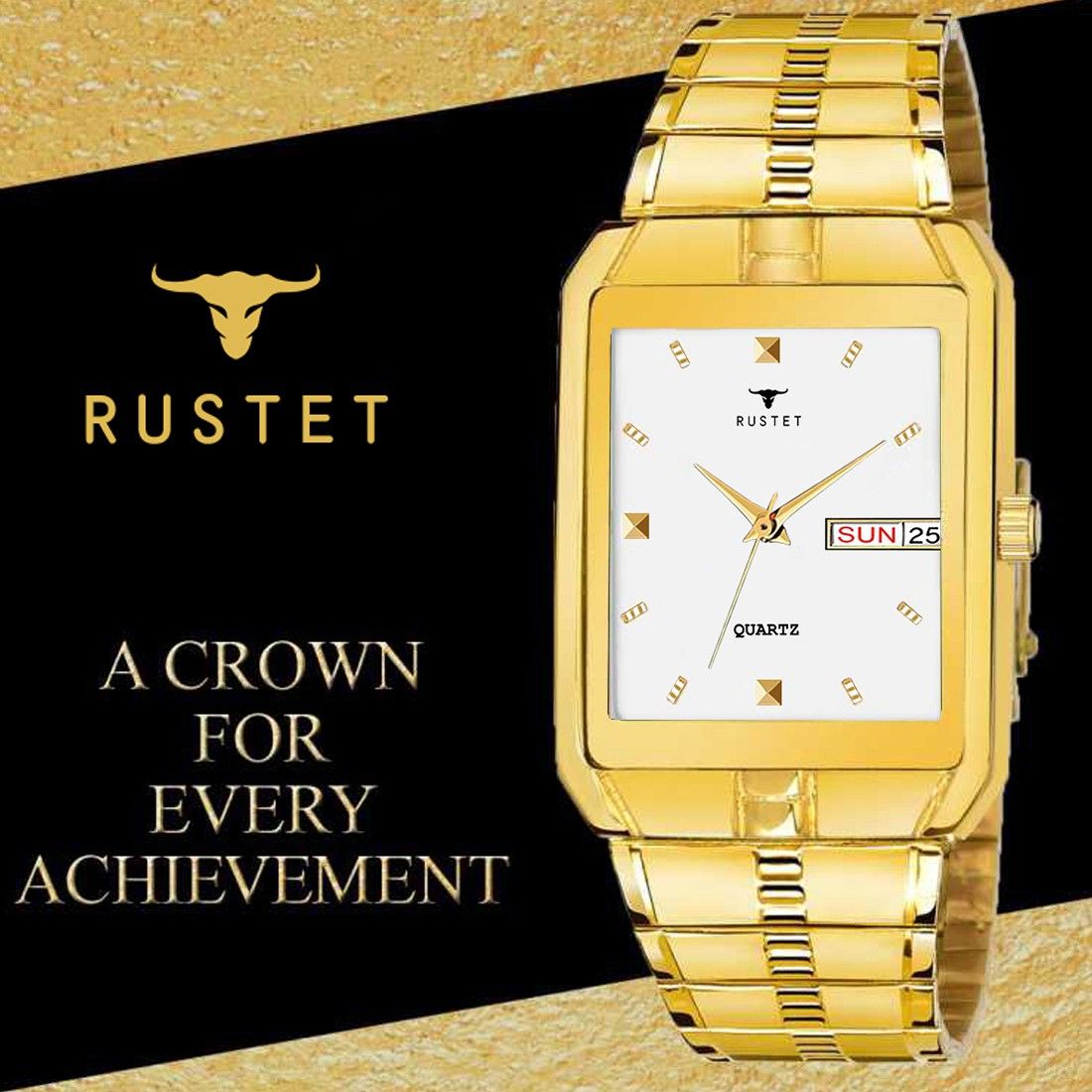 RUSTET IGP-HM-GOLD Waterproof Gold Square Dial Day and Date Boy's & Men's Analog Watch - For Men