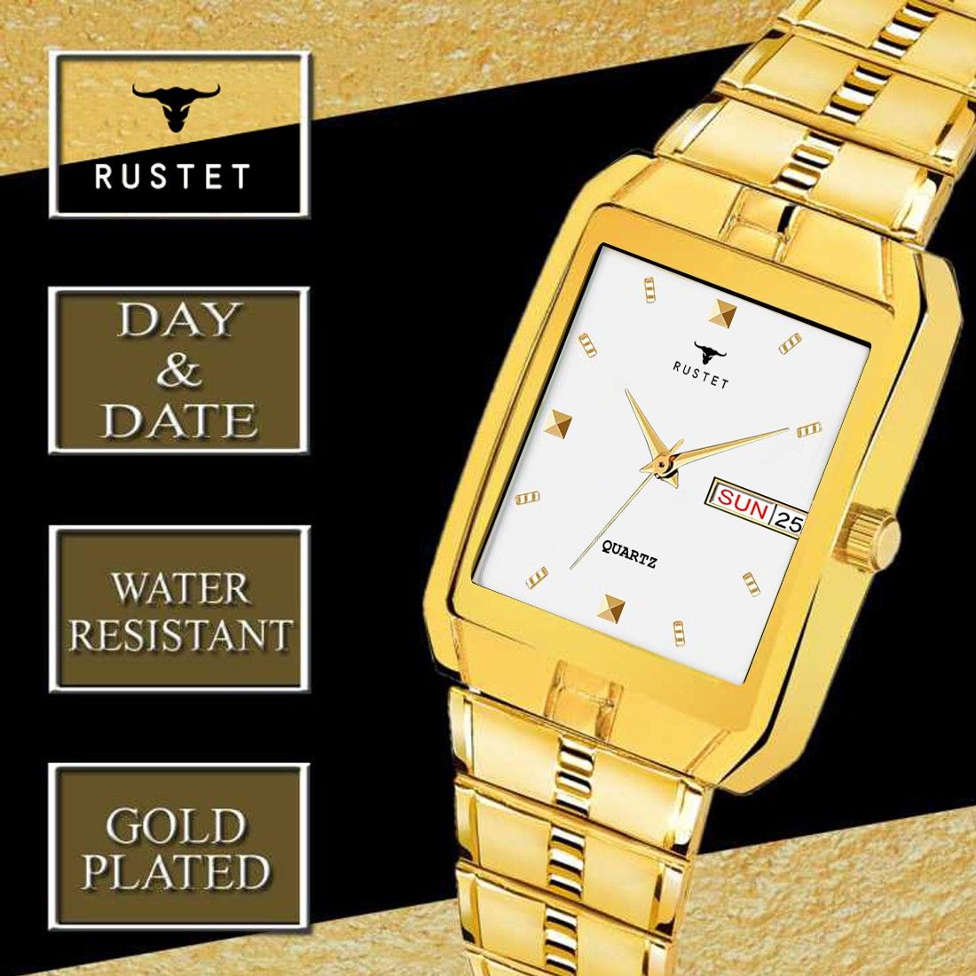 RUSTET IGP-HM-GOLD Waterproof Gold Square Dial Day and Date Boy's & Men's Analog Watch - For Men