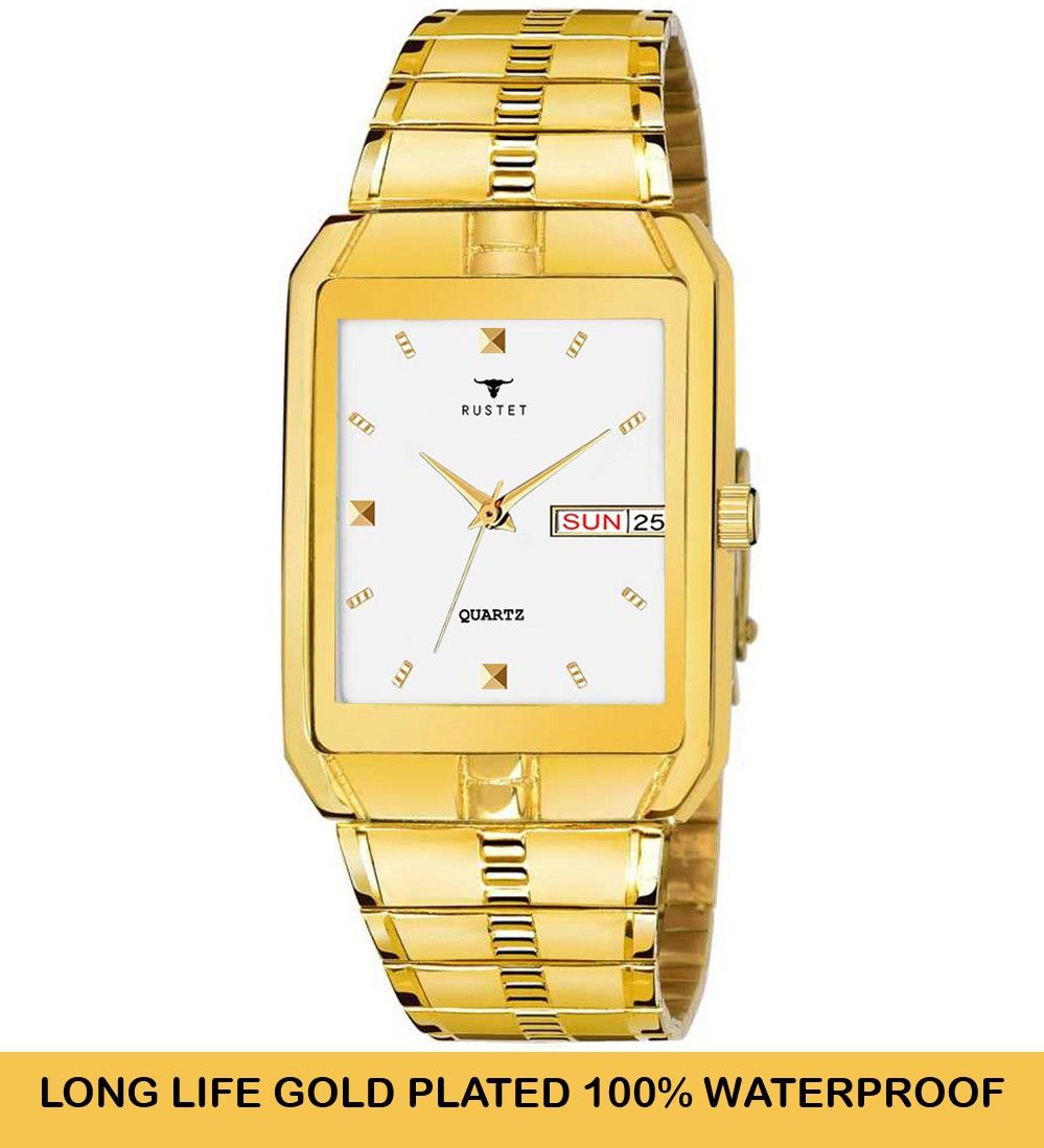 RUSTET IGP-HM-GOLD Waterproof Gold Square Dial Day and Date Boy's & Men's Analog Watch - For Men