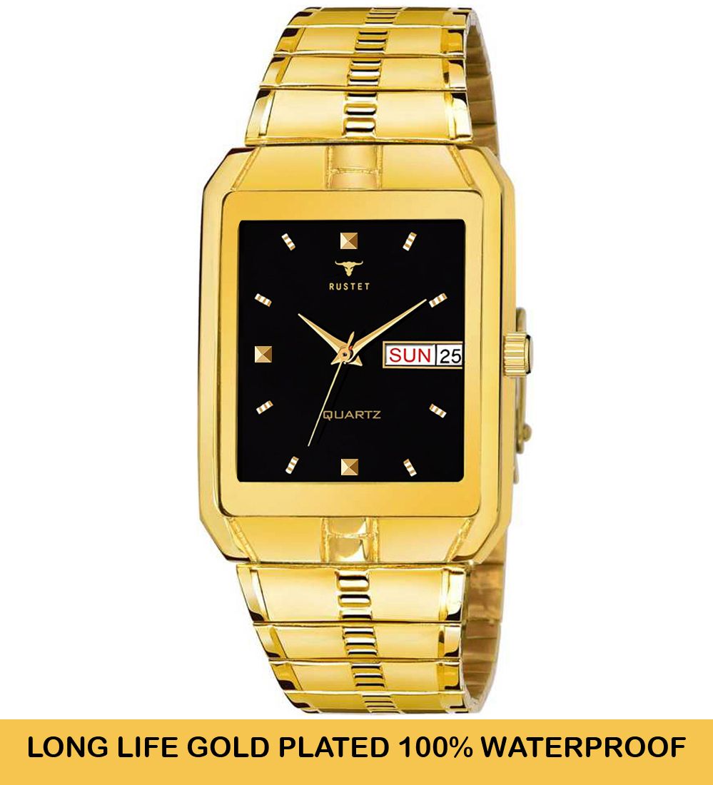 RUSTET IGP-HM-GOLD Waterproof Gold Square Dial Day and Date Boy's & Men's Analog Watch - For Men