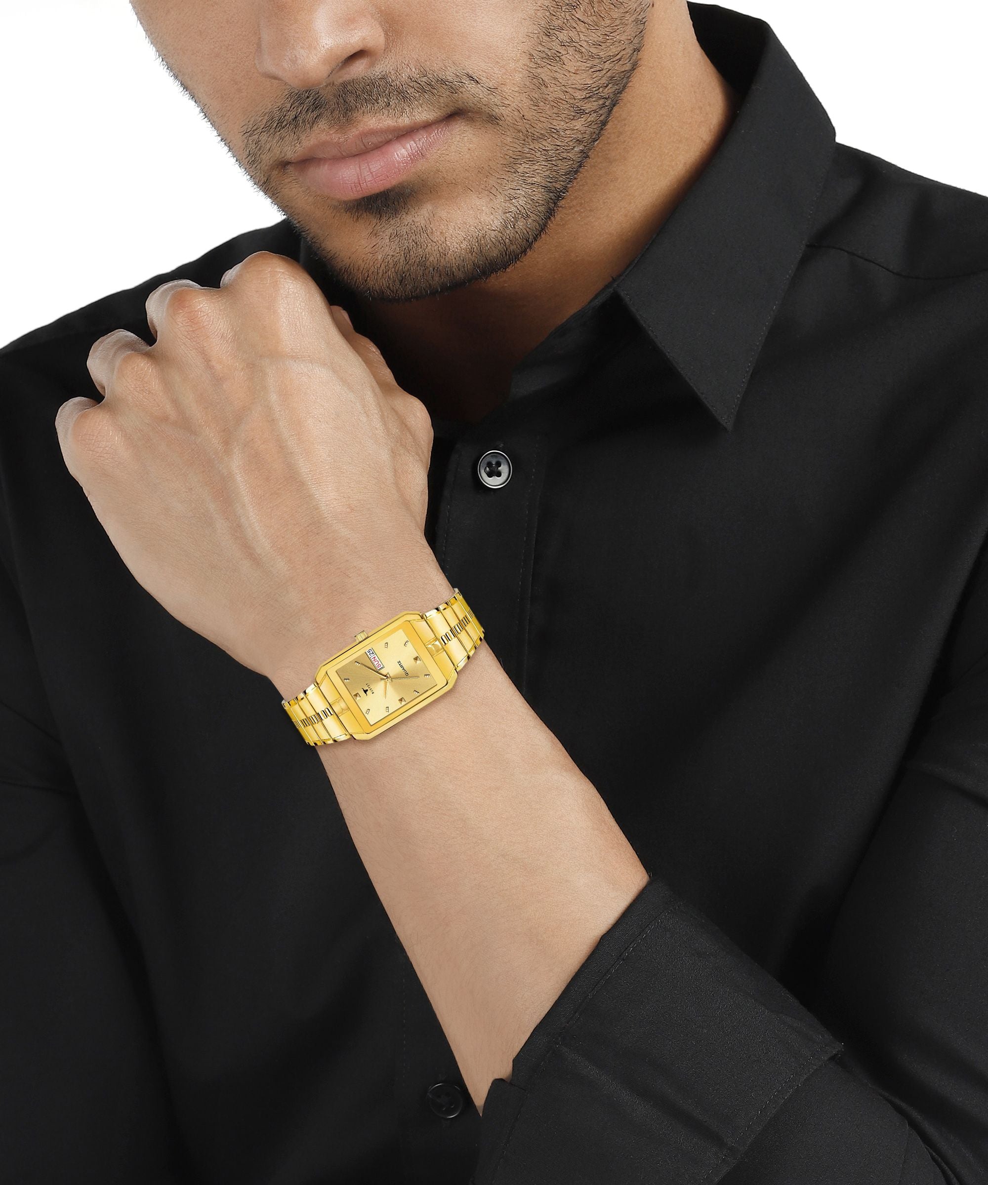 RUSTET IGP-HM-GOLD Waterproof Gold Square Dial Day and Date Boy's & Men's Analog Watch - For Men