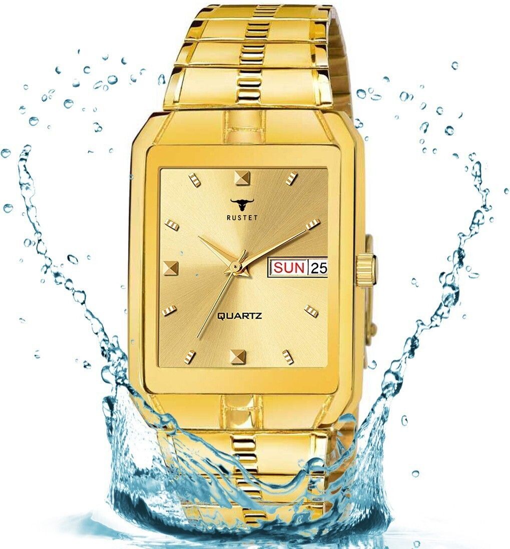 RUSTET IGP-HM-GOLD Waterproof Gold Square Dial Day and Date Boy's & Men's Analog Watch - For Men