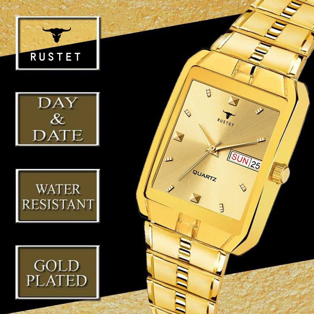 RUSTET IGP-HM-GOLD Waterproof Gold Square Dial Day and Date Boy's & Men's Analog Watch - For Men