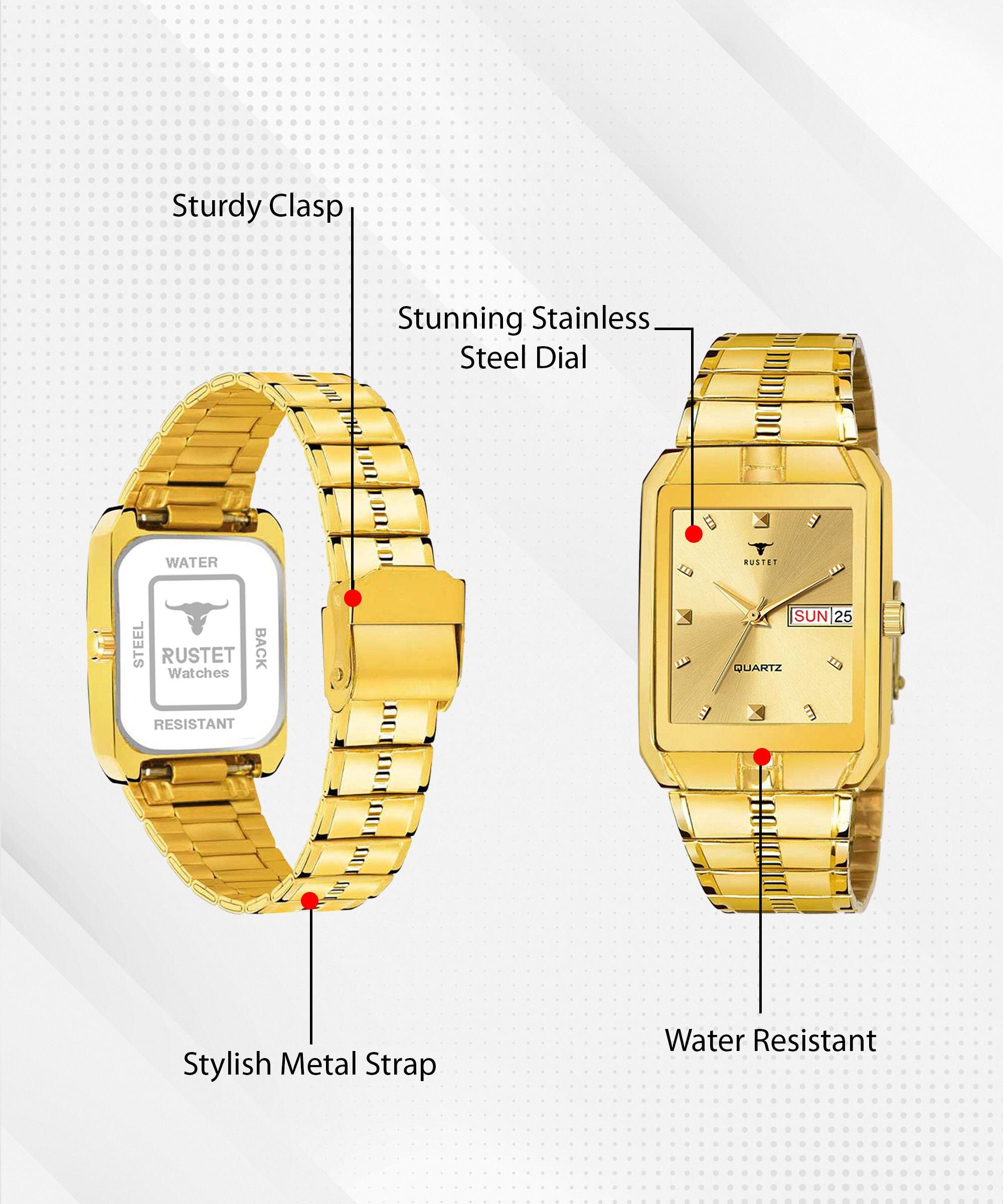 RUSTET IGP-HM-GOLD Waterproof Gold Square Dial Day and Date Boy's & Men's Analog Watch - For Men