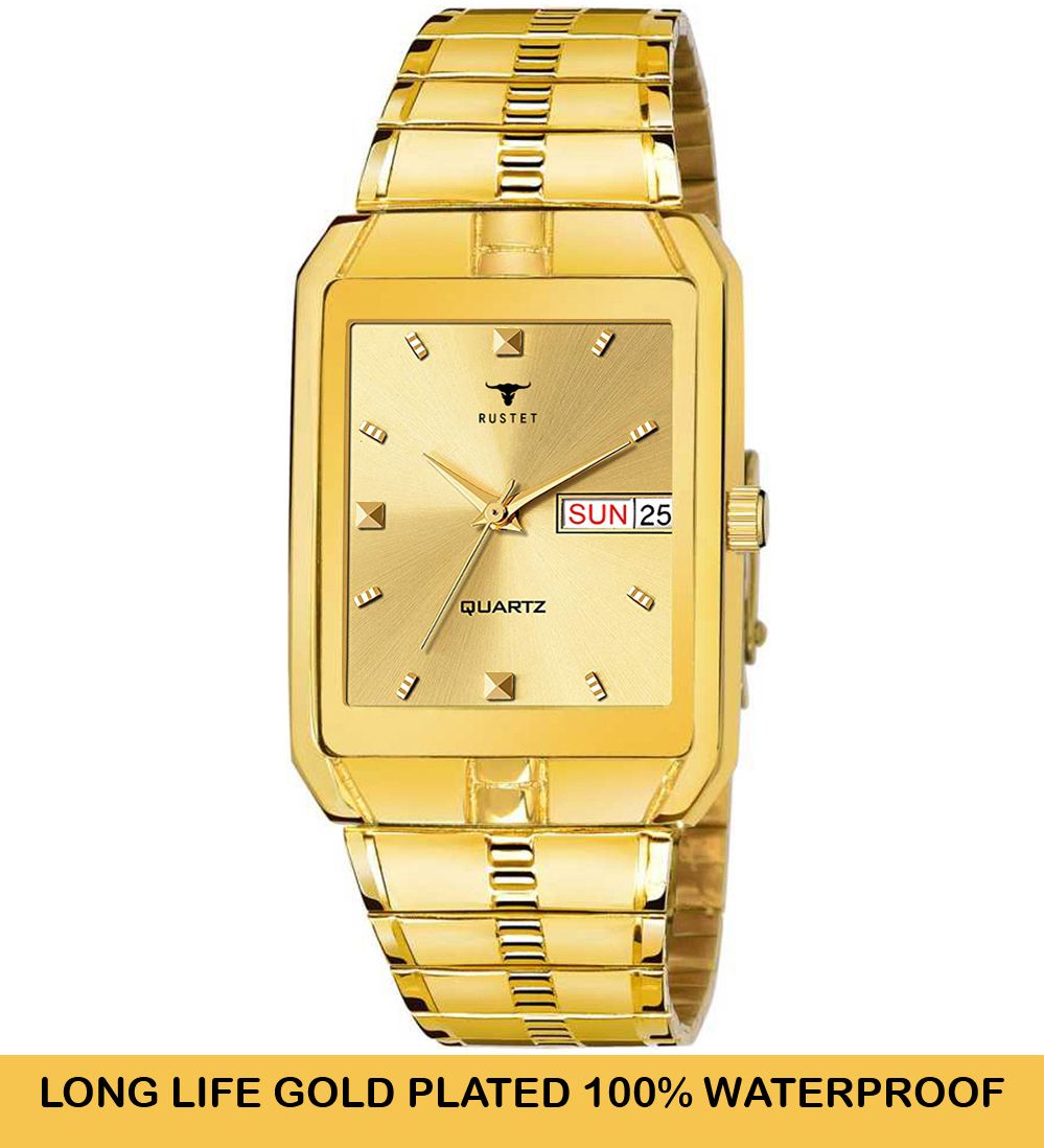 RUSTET IGP-HM-GOLD Waterproof Gold Square Dial Day and Date Boy's & Men's Analog Watch - For Men