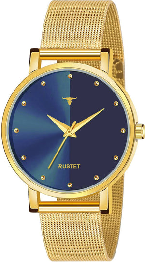 RUSTET LD-L03-BLUE-CH Gold Mesh Strap Water Resistant Women Analog Watch - For Girls