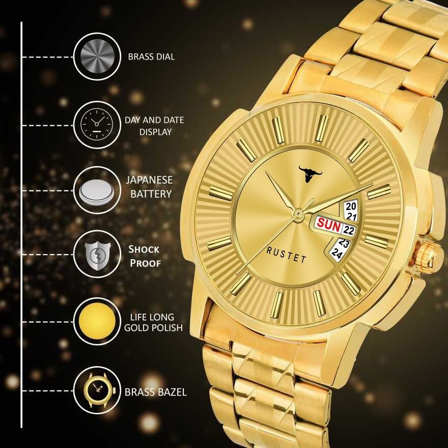 RUSTET RSTET-7008 ORIGINAL GOLD PLATED DAY & DATE FUNCTIONING WATCH FOR BOYS Analog Watch - For Men