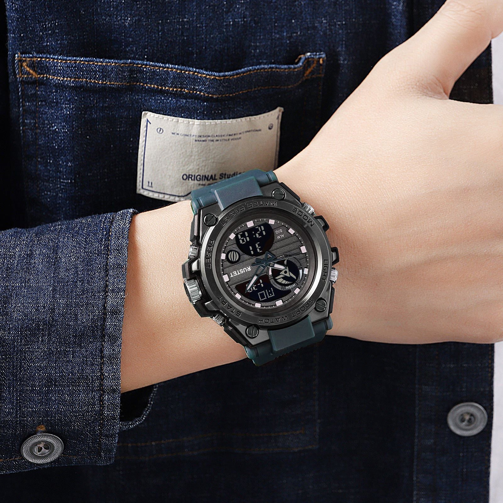RUSTET Sports Watch with PU Strap 5 ATM Waterproof Analog-Digital Watch - For Men