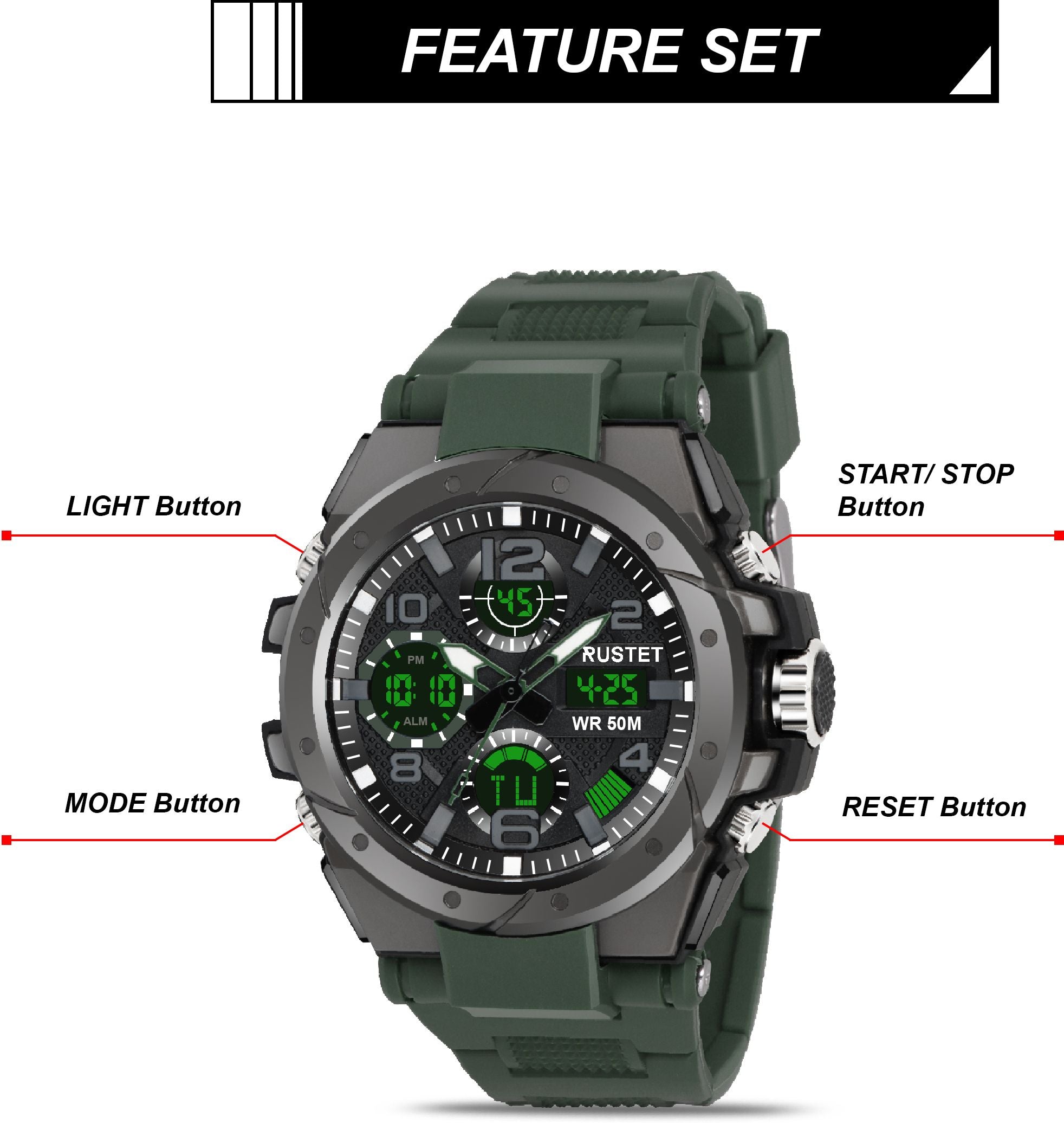 RUSTET 2145 Sports Watch with PU Strap 5 ATM Waterproof Analog-Digital Watch - For Men