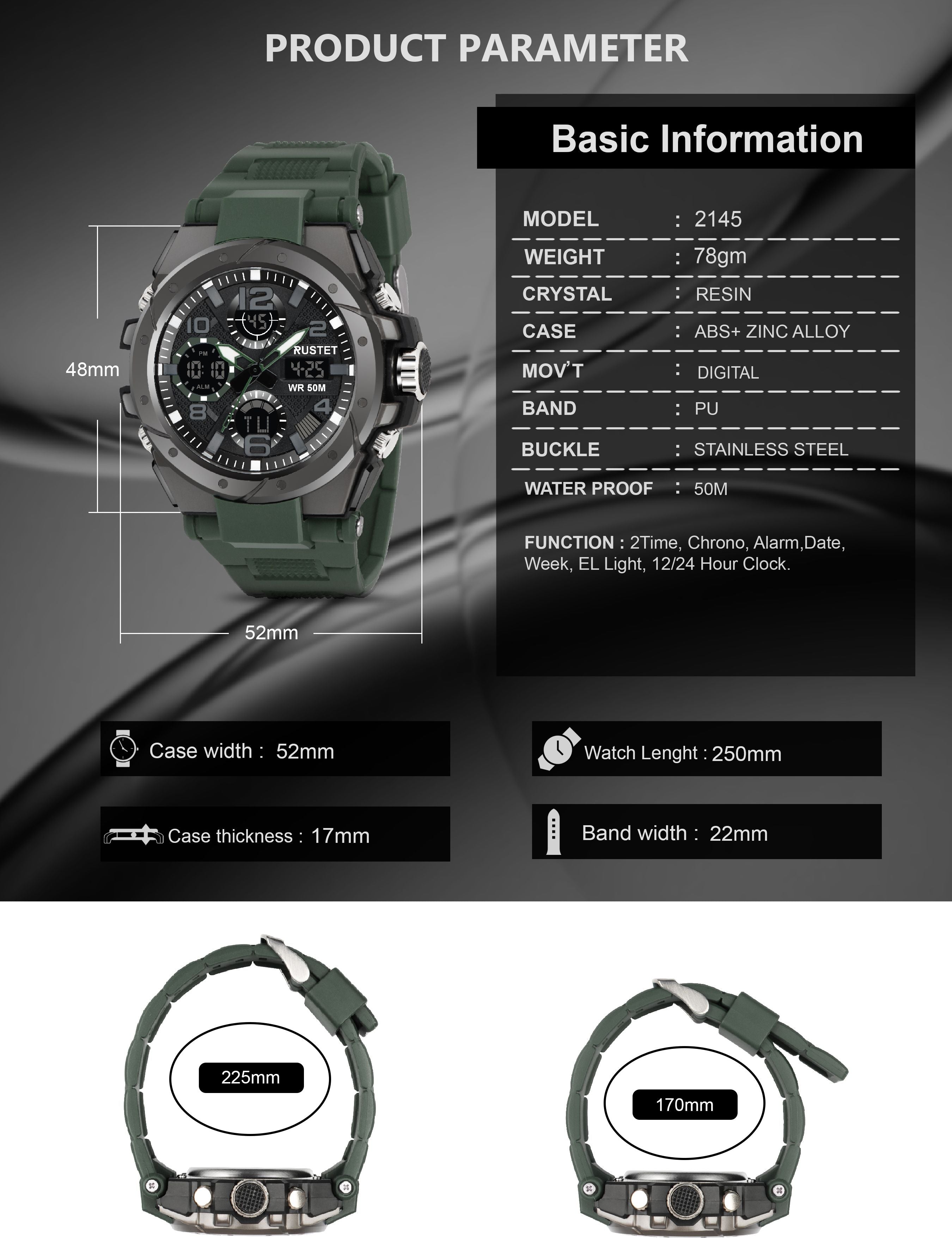 RUSTET 2145 Sports Watch with PU Strap 5 ATM Waterproof Analog-Digital Watch - For Men