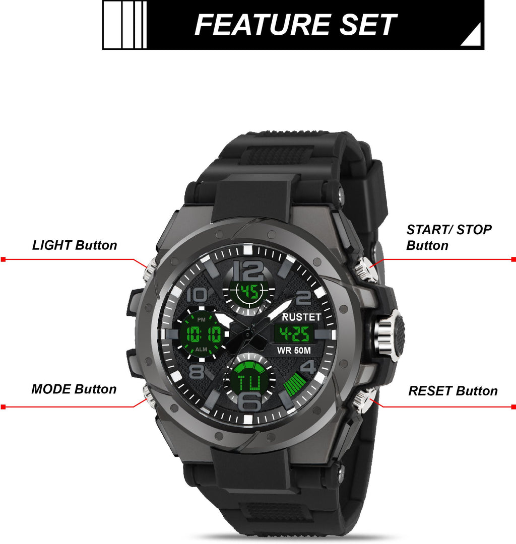 RUSTET 2145 Sports Watch with PU Strap 5 ATM Waterproof Analog-Digital Watch - For Men