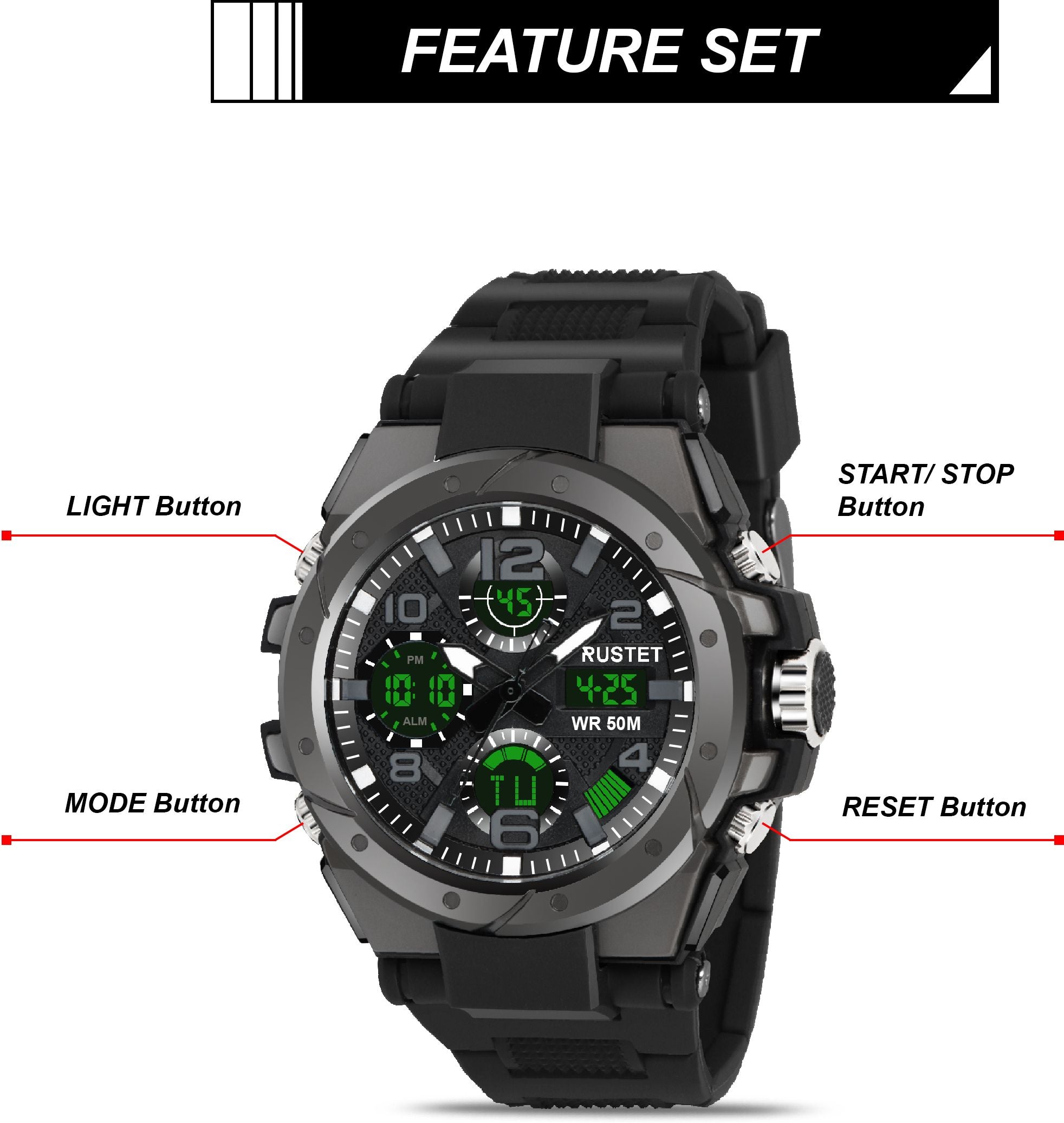 RUSTET 2145 Sports Watch with PU Strap 5 ATM Waterproof Analog-Digital Watch - For Men