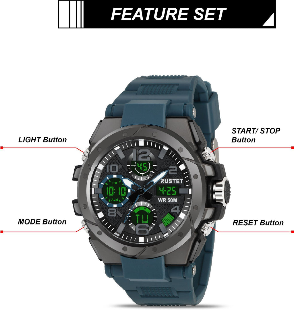 RUSTET Sports Watch with PU Strap 5 ATM Waterproof Analog-Digital Watch - For Men
