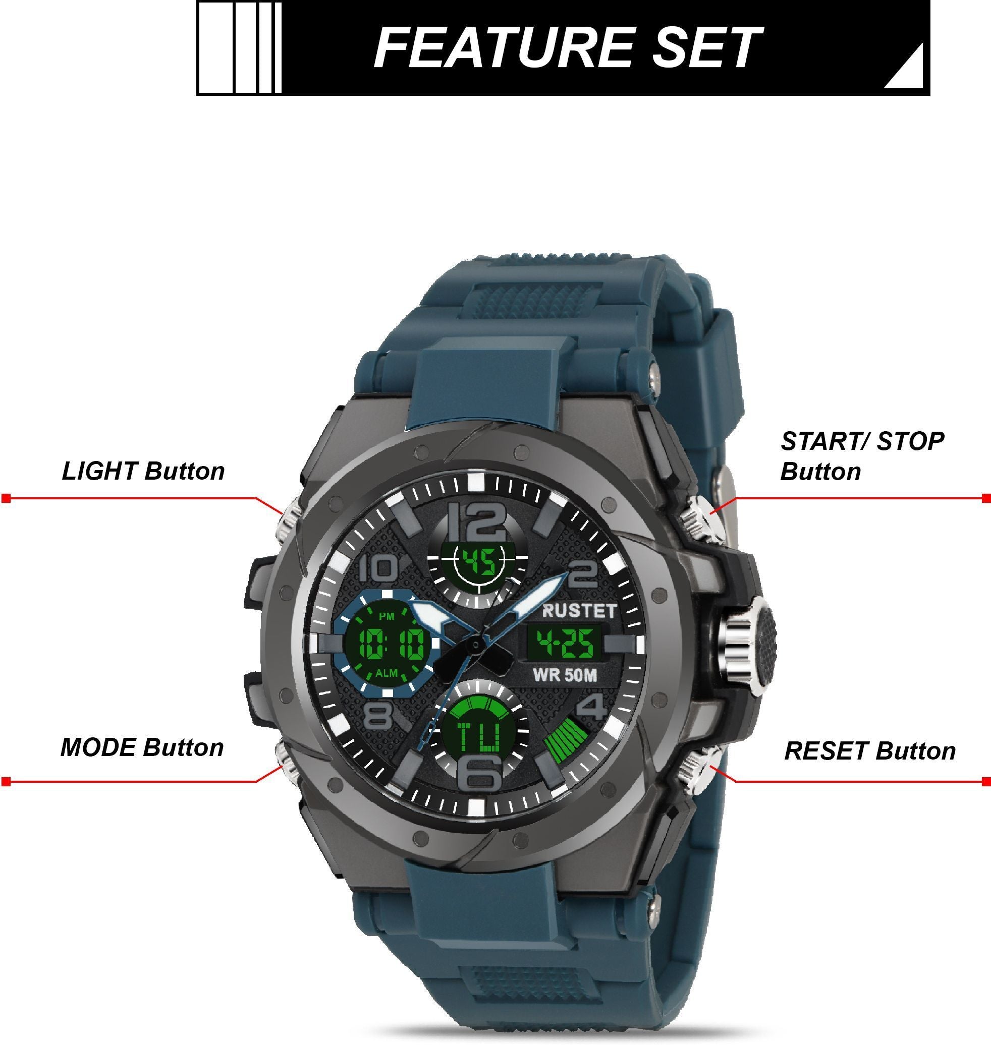 RUSTET Sports Watch with PU Strap 5 ATM Waterproof Analog-Digital Watch - For Men