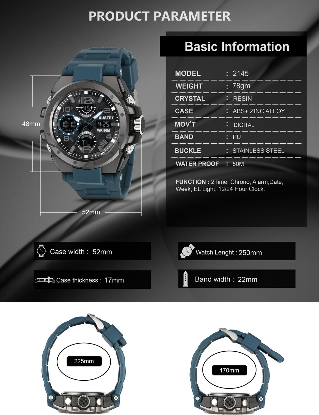 RUSTET Sports Watch with PU Strap 5 ATM Waterproof Analog-Digital Watch - For Men