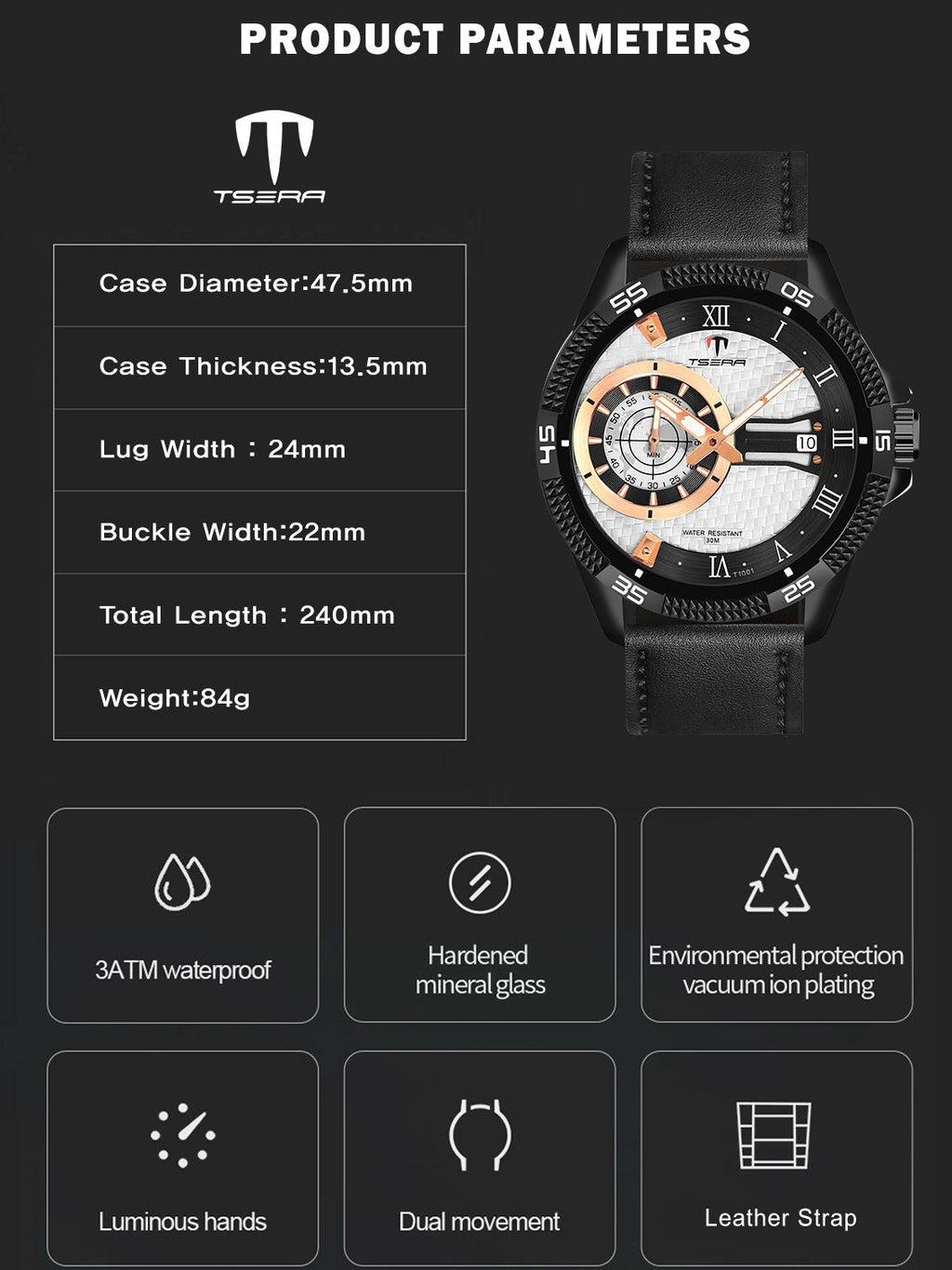 TSERA T1001L-B-S-B Multifunction 3ATM Water Resistant Analog Watch - For Men